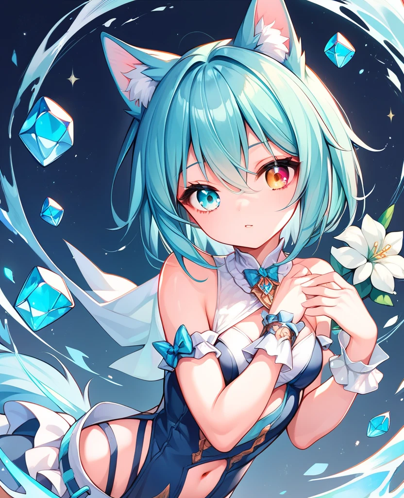 Short shiny blue-green hair,Fuller breasts,Crystal clear and milky pure white clothes,There are blue and green ornaments,It's cute to be a cute girl,Milk fierce milk fierce