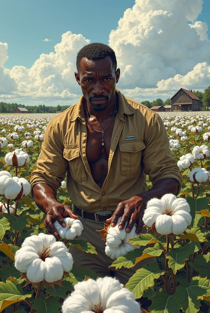American Naked Man_rococo+Roberto_ferri+American_Realism, old south lousiana, 19th century, whole body. cotton plantation, a young man with brown skin, optimistic countenance, big blue eyes, Oval face, thick lips, flat nose, menton corazon, Strong, toned, slim athletic body,, barefoot in blue overalls, Shirtless man works harvesting cotton in field in background of white 3 story 6 column mansion, a large garden