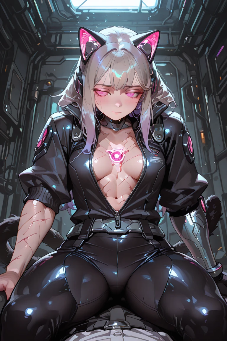 Big perfect breasts ((Space Punk Girl)),(((1 Girl))),((beautiful Girl)), ((Saggy breasts)), ((Gray Hair, Dirty black hair, Inner hair color)), ((intricately cut hair)), (((Neon pink eyes: 1.4))), beautiful detailed eyes, Very sexy body, ((((Short sweatshirt, Short sweatshirt, Complex sweatshirts)) )) Flowing Cyberpunk Skirt, Revealing clothing, Show some skin, ((((Underbust)))),((Cleavage))(((Cyberpunk Clothing, Complex clothing, Complex clothing))) (((Light Skin: 1, 5, Sunburned skin, Glowing Skin) )), ((Firm Abdomen)), Wide Hips, Moving objects, Sexy Legs, Detailed body, ((Detailed face)), (Graffiti on clothes), (Half naked, dress up a little, barefoot) ((Sexy pose)), alone, Embarrassing, High resolution, Sharp focus, (Very detailedな, Very detailed), (Perfect art) (Very detailed), (((Bright colors))), (background complex), (Tabletop), (Highest quality), Synthwave Neon Colors, (((beautiful, Conclusion, attractive, erotic))), (((Browsing Caution))), Cyberpunk seaside town at night, Puddle with bright and dark storm clouds and neon sign, scenery: 1 , 30, ((pubic tattoo:1.5,glowing tattoo:1.4))