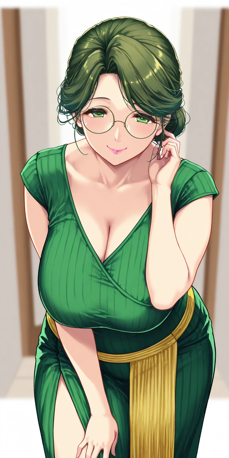 (Masterpiece), Best Quality, ultra-detailed, 1girl ( anosillus II, Slender and sexy body, Big and pretty breasts, naked body, dark green hair, brown eyes, half-closed eyes, spectacles), a shallow face, smirk, parted lips, solo, nose blush, blush, facing viewer, looking at viewer, off shoulder dress, ornate dress, cleavage, bows, long dress, in the livingroom, night time, standing, Sexy waist teasing,