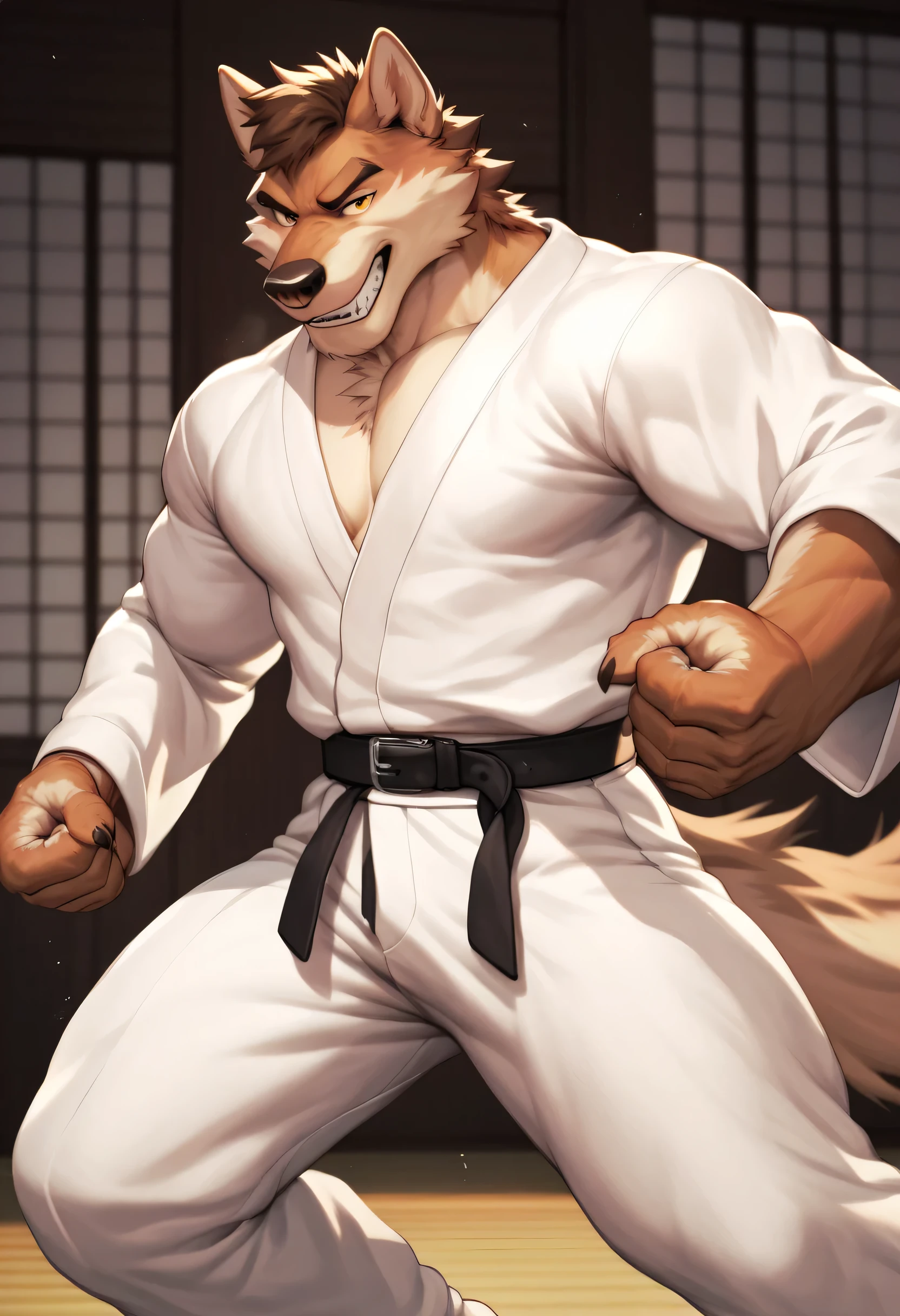 Anthropomorphic, male, wolf, Karate Champion, wearing Karate gi, taking a stance, black belt.