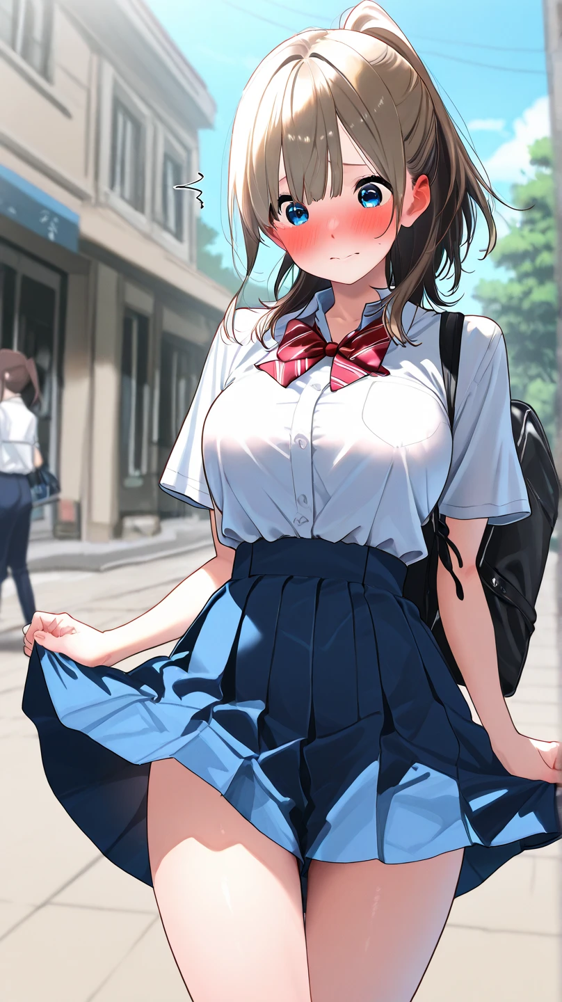 ((top-quality、8K、masterpiece:1.3))、1人、In a town where many people walk、Slender Abs、sofas、hyperdetailed face、A detailed eye、二重まぶた、非常にlarge full breasts、large full breasts、Colossal tits、Neat and clean schoolgirl、black hair shorthair、Straight bob hair、Shorthair with bangs、A smile、Schoolgirl Uniform、Low female genitals visible through the skirt、An 18-year-old woman、Sheer white shirt、Unbutton and unfold the shirt、Exposing breasts、Navy blue ribbon at the collar、Dark blue pleated micro mini、Sexek at the viewer、Beautiful graphics、Bright and sunny main street、There are a lot of people、Show me your whole body、beautiful legal body photos、is standing、No bra、teats see through、The shape of your nipples is noticeable even under your shirt.、No panties、No panties、Detailed female genital shape pantyhose missing、(Facing the front)(((Blushing cheeks、embarassed expression)),(((The skirt is rolled up by the wind)))、Showing female genitalia、、Background depth of field、Please choose one'skirt in the crowd、Men behind、Grabbed by a man、Chest grabbing、Dirty crest on the abdomen、pink sexy ta on abdomen、open open mouth、Stick out the tongue、ahe face、peeing herself
