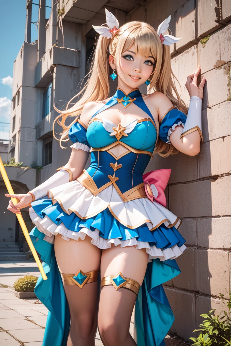 (8k、RAW Photos、Highest quality、masterpiece:1.2)、(Realistic、Realistic)、1 girl、((Blonde、Breast enlargement、garden、Pink and light blue、Thin legs、whole body、boots、View from the front、Looking into the camera、Stand with hands on hips))、cute
