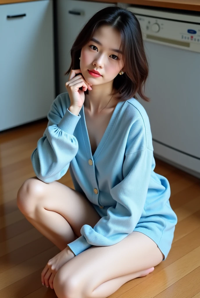 20yo woman, (masterpiece: 1.4), (8K, reality, original photo, best quality: 1.4), Japan, (1 girl), beautiful face, (Real faces: 1.4), (pink hair, short hair: 1.3), hairstyle, Realistic blue eyes, beautiful details eyes, (reality skin: 1.3), beautiful skin, Attractive, ultra high resolution, Super realistic, HD, golden ratio, (Detailed face: 1.4), (Japanese actor: estuary), Sheer vest,粉色short hair,Whitetransparent,White,NSFW,big,big ass emphasis,The nipple areola is clearly shaped,looking into camera,Sitting on the sofa,pubic shape is transparent and clear,posture(Bend your knees and legs open)