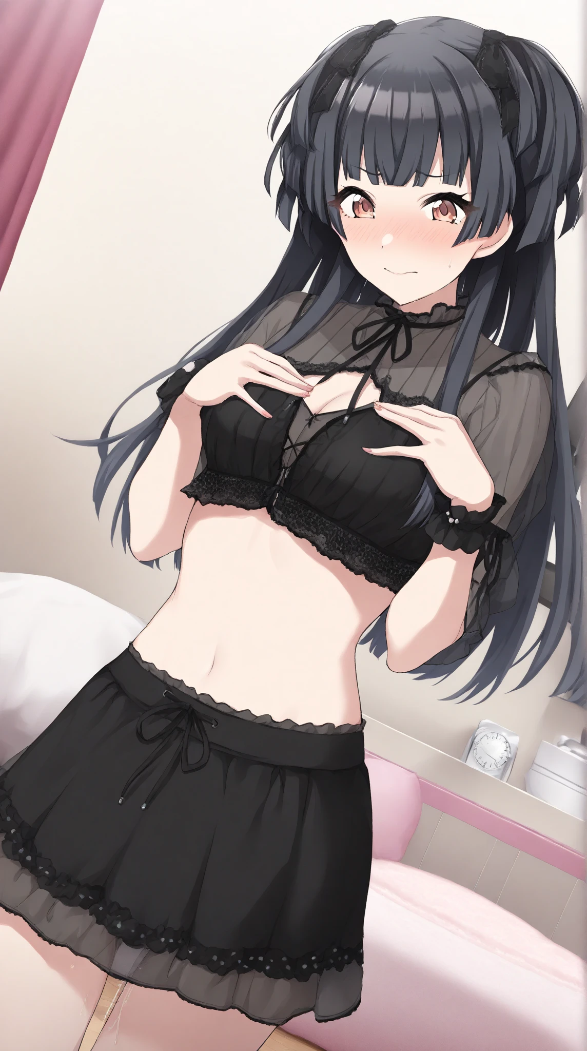 (8K、Highest image quality、highest quality、masterpiece)、detailed face、1 girl、black hair、long hair、twintails、blunt bangs、pink eyes、evilsmall、grin、earrings、Moderate chest、((black lace bra))、black pleated skirt、mini skirt、((pink lace panties))、skirtliftfront、Are standing、cowboy shot、Background of the washroom