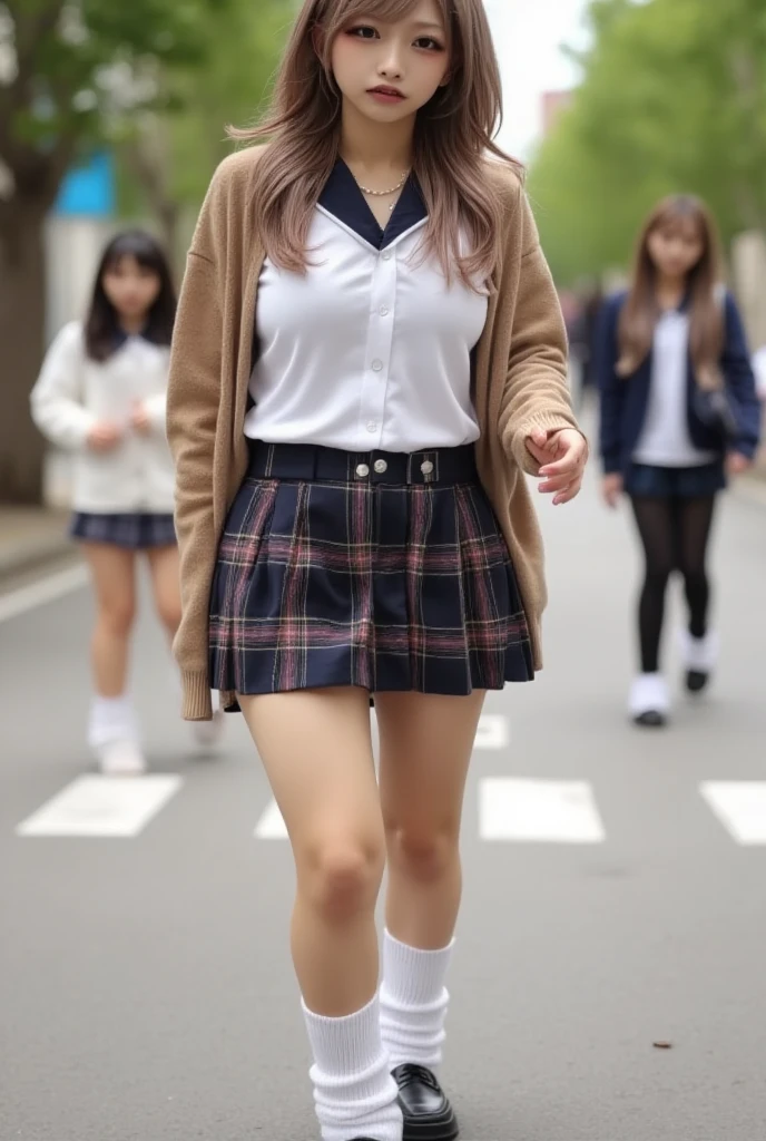 the Extremely Detailed CG Unity 8K Wallpapers、top-quality、ultra-detailliert、masterpiece、realisitic、Photo Real、extremely detailed cute girl、18year old、(High school student in Japan uniform)、(((skirt lift by yourself)))、(Lifted by yourself)、panties on、panties focus、red blush、cparted lips、looking at the viewers、Semi-body shot、(Large crowds)、(Crowded lampposts)、、(Japan high school uniform and designated shoes)、(Dark blue blazer:1.2)、(short plaid skirt:1.5)、(White shirt for students)、 (neck tie:1.2)、(light brown random hair)、(see-through white panty:1.5)、(cammel toe)、(Black loafers:1.5)、(beauitful face:1.3)、(perfectly proportions:1.2)、(Long feet:1.2)、(small tits:1.3)、(Panties can be seen from under the skirt:1.3)、(Textured skin)、