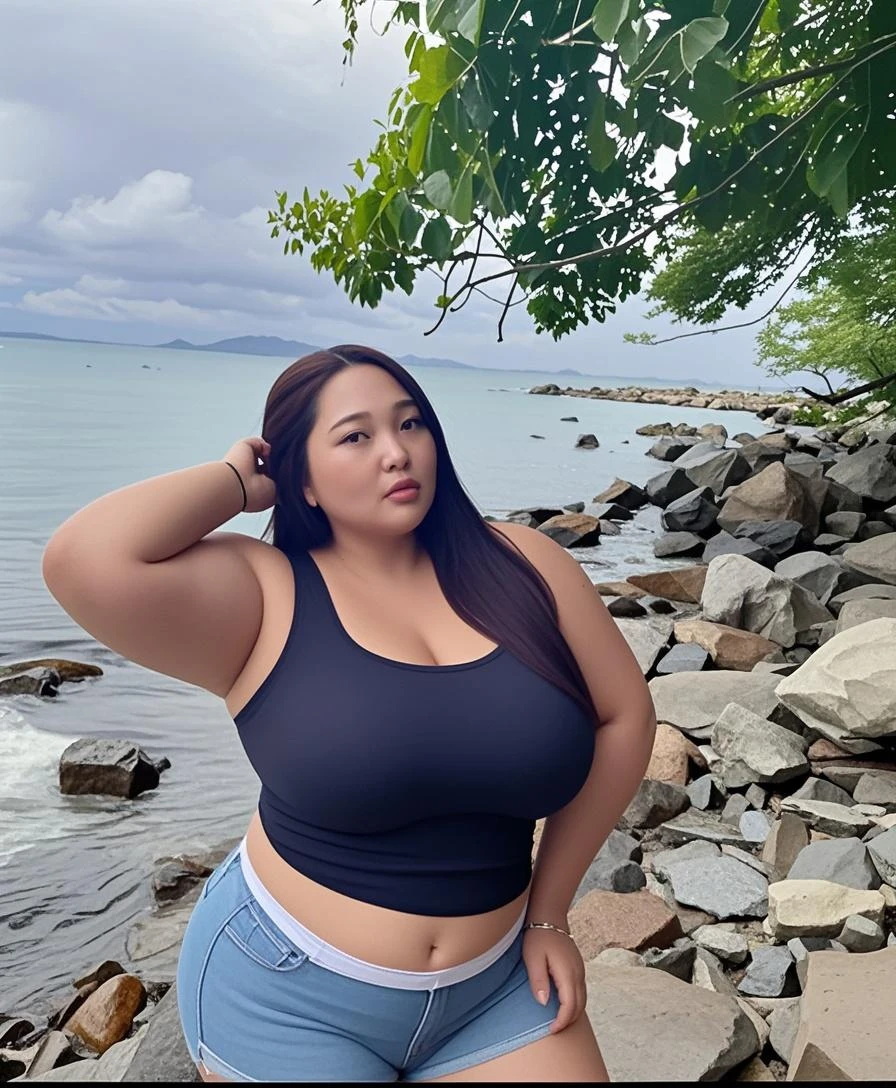 ((Best Quality, 8K, Masterpiece: 1.3)), Chubby woman smile ((best quality)), ((masterpiece)), (detailed), perfect face, USA woman fat in a dark-blue shirt and blue denim skirt walking down a street, thicc, she has a jiggly fat round belly, bbwchan, wearing tight sexy clothes, skinny waist and thick hips, widest hips, her belly is fat and round, soft curvy shape, hyperrealistic full figure, wearing a cute top, wide hips, cropped shoulders,Bare belly,(big assa:0.7),show legs,, thicc, beautiful thick female, beautiful curvy female,, Tall and tall,clear curvy details, curvy hourglass figure, alluring plus sized model, bbwchan, Voluptious body, Curvy model, Curvy body, Be red in the face, 1girll fat , a matural female, A MILF, the golden ratio,(Kpop idol),(Oil skin:1.2),(Oil skin:1.1) background High quality, HD, realistic, HDR. mountain refuge in grey stone, blends into the panoramic view of the mountain, spring landscape (green and flowery), edelweiss, lake, stream that winds, sunset, cool breeze. welcome mountaineers and hikers.