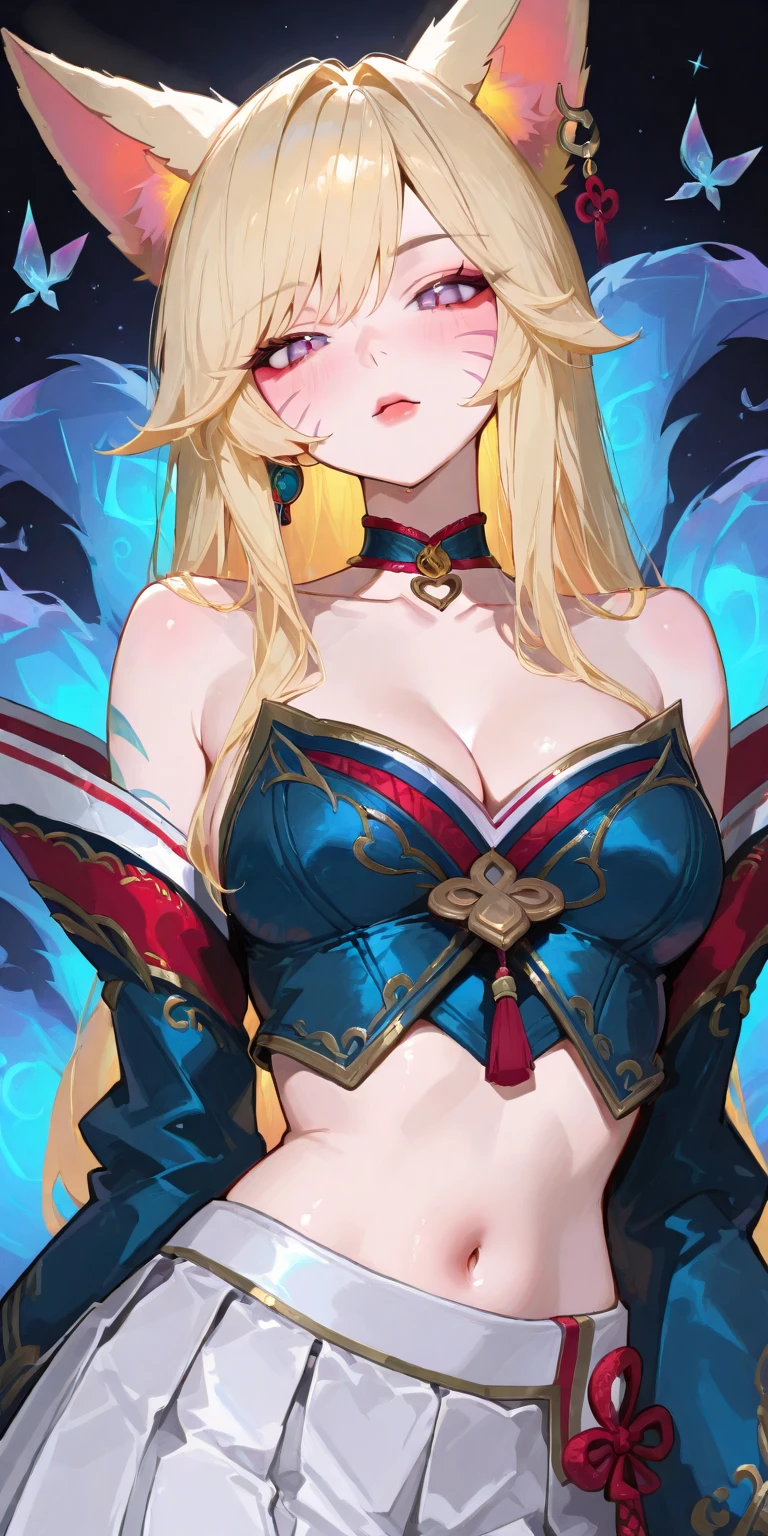 woman, blonde hair, large breasts, eyes patch, upper body, hair ornament,  <lora:AscendedV1.1:0.8>, nature