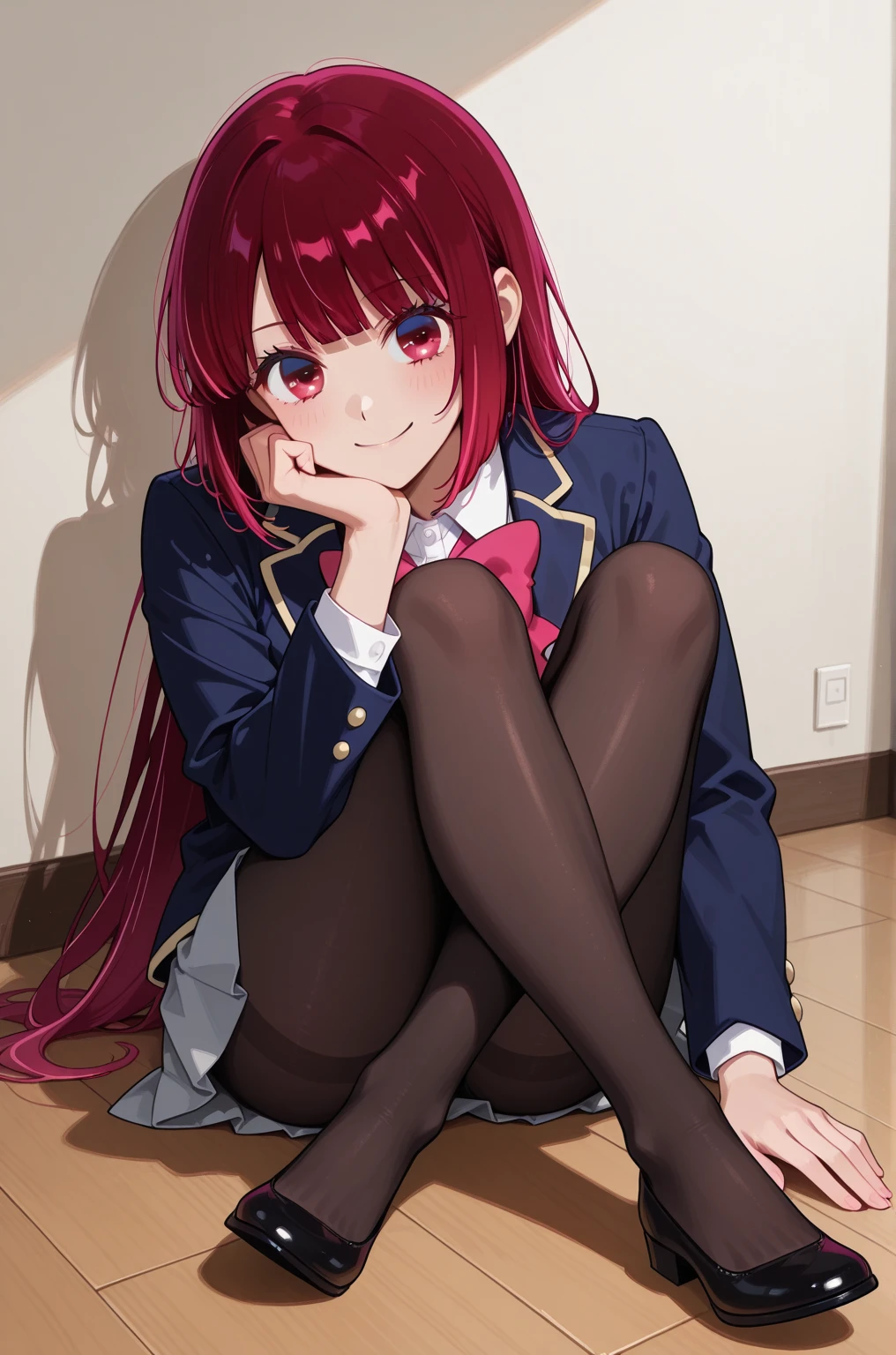 {1girl}, {skirt}, {long_hair}, {thighhighs}, {red_hair}, {smile}, {bow}, {solo}, {ahoge}, {bubble}, {pleated_skirt}, bowtie, lens_flare, looking_at_viewer, red_eyes, hair_ornament, blue_skirt, eyebrows_visible_through_hair, gradient, black_legwear, jacket, hair_between_eyes, sitting, gradient_background
