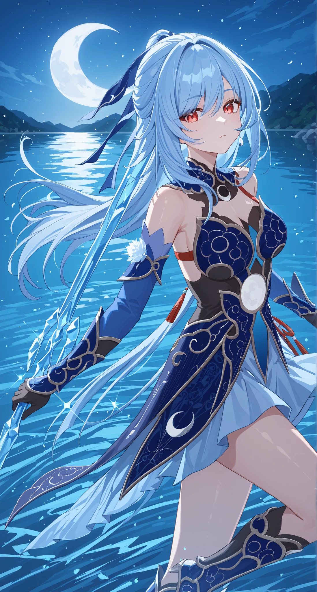 nsfw,Jingliu,glass cover,side shot,alternate color,masterpiece,detailed illustration,lifelike,{{{1Jingliu}}},shiny beautiful woman,cinematic lighting,dynamic angle,dynamic pose,depth of field,looking at viewer,1girl,jgsd,red eyes,blue armored dress,white skirt,tassels,hair ribbon,black gloves,blue sleeves,armored boots,light blue skirt,lake,night,midnight sky,crescent moon,holding an Ice Sword,expressionless,jumping,floating in the air,arched back,open legs