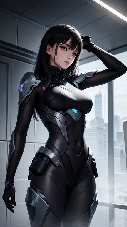 , arte de anime cyberpunk, girl in mecha cyber armor, Perfecto anime cyborg mujer,(desde un lado:1.2),Shy expression,Mano en el cabello,disfraz de cyborg detallado, fondo,fondo blanco,Estilo de esquema,comiс style,Estilo manga,tinta,blanco y negro,(Vibrante, Foto realista, realista, dramatic, oscuro, foco nítido, 8k),,motor irreal:1.4,UHD,La mejor calidad:1.4, fotorrealista:1.4, textura de la piel:1.4, obra maestra:1.8,obra-prima, mejor calidad,(Beautiful and detailed eye description:1.4),(fondo ciudad Tokio cyberpunkAI apocalyptic colors:1.4),(piel real: 1.3),