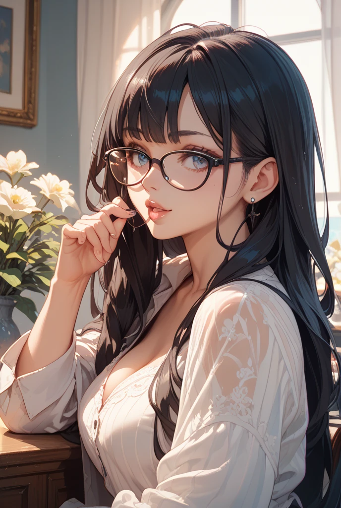 (masterpiece: 1.3), (Maximum resolution: 1.2), (Ultra HDTV: 1.2), Cinematic Light, 8K resolution, Detailed facial features , (Sharp focus: 1.2), (Focus on the face:1.2),Perfect Style, Beautiful Face, Acura, Anatomically correct, Highly detailed face and skin texture, Beautiful Eyes,Beautiful Eyes, Thin eyebrows, Glitter Eyeliner: 1 Natural Cheeks, Glowing Skin, Fair skin: 1.2, (Glossy lips: 1.4),、 (Embarrassed look: 1.2),Highly detailed face and skin texture, Natural Cheeks, , Glossy lips: 1.4,Perfect Style、Cleavage、Soft Breasts、(White mucus on chest:1.4)(White mucus on thighs:1.2)、 Overflowing sperm、Dripping sperm、blush、A humiliating look、Anxious expression、A look of humiliation、Embarrassed look、Glare、anger、sorrow、tears、Open your knees、Spread your legs、 White underwear、White bra、Sparkly little earrings and necklace、Disheveled clothes、White panties、sweating、Thin underwear、stockings、22 years old, A clean-cut woman,1 person、 Upward-facing chest, Old bedroom、On the bed、(On my back, ベッドにLying down, Lying in bed, Lying down, White sheets:1.3)、Black Hair、blonde、Silver Hair、Blue-gray eyes、Green Ash Eye,(Blue sexy dress:1.4)、Glasses、Masturbation、masturbation behavior、Masturbation、Wavy Hair、