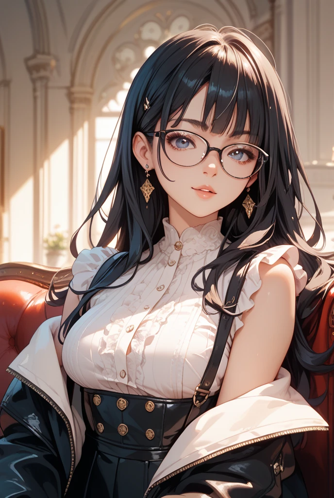 (64k, RAW photo, highres, best quality, masterpiece:2.0), (ultra-fine depiction of the detail:2.0), (realistic, beautiful, photo-realistic:1.3), 1girl, (yuri alpha), (long black hair, slightly messy), (slightly messy diagonal bangs:1.1), (single braid bun), (shiny black hair, blue-gray eyes),(cool glasses), (gothic style vivid blue choker), (blue bowtie and ribbon) (simple but high-quality maid dress), (elaborately designed, vivid dark emerald green, spiked gantlets), (solemn maid dress with gothic style coreset), (huge breasts, sexy cleavage), (elegant and handsome woman), (shiny skin, pink lips), (looking at the viewer), (closed mouth, a faint smile), (a caring, gentle gaze towards the viewer:1.2), (in a quiet bar counter, filled with solemn atmosphere), (highly sophisticated professional HDR, with effective ambient occlusion, perfectly optimized effective spot light and front light:1.8), (perfect, natural, harmonious composition), (photo-realistic, ultra-detailed:1.5), ((portrait:1.6))