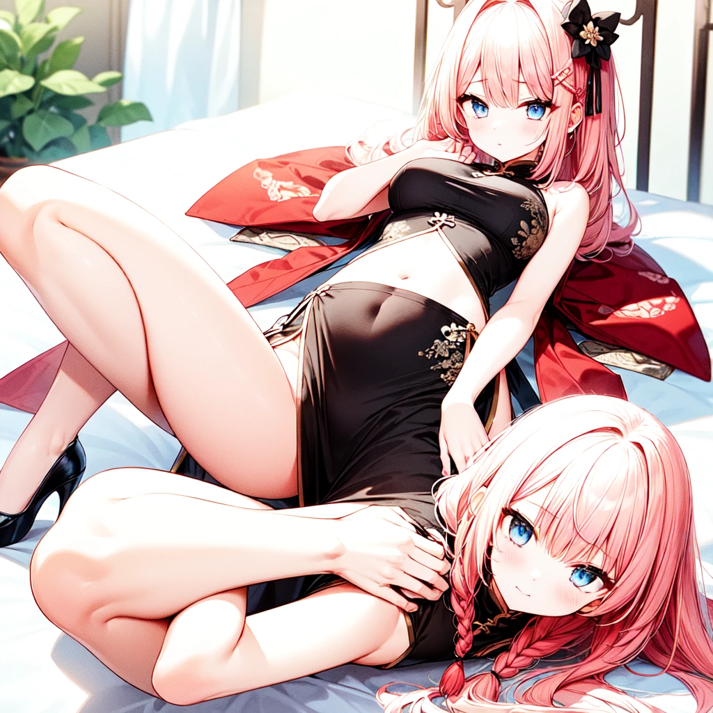 best quality, very aesthetic, Super detailed, best illustration, Dark blue one piece school swimsuit,bangs, pink_hair, blunt_bangs, hair_ornament, butterfly_hair_ornament, black_ribbon, blue_eyes, blush, hair_ribbon, twintails, long_hair, full body, nsfｗ, pussy focus, 1girl, おっぱい
