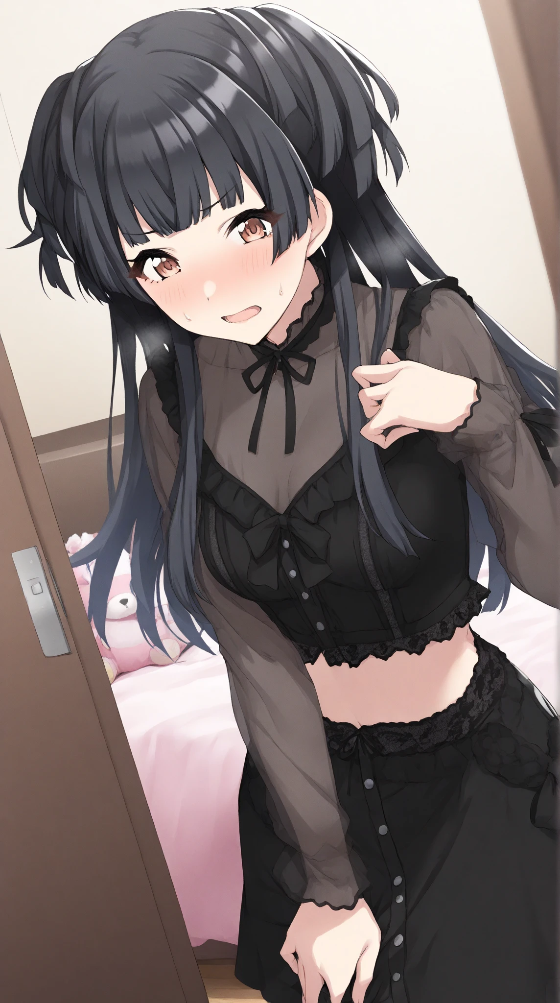 (1) A woman stands with her skirt rolled up, Exposed black lace panties.
(2) She is wearing a V-neck knit and a knee-length skirt.
(3) her hair is long black.
(4) The facial expression is a bewitching and provocative smile.
(5) The location is the living room of the apartment at night..