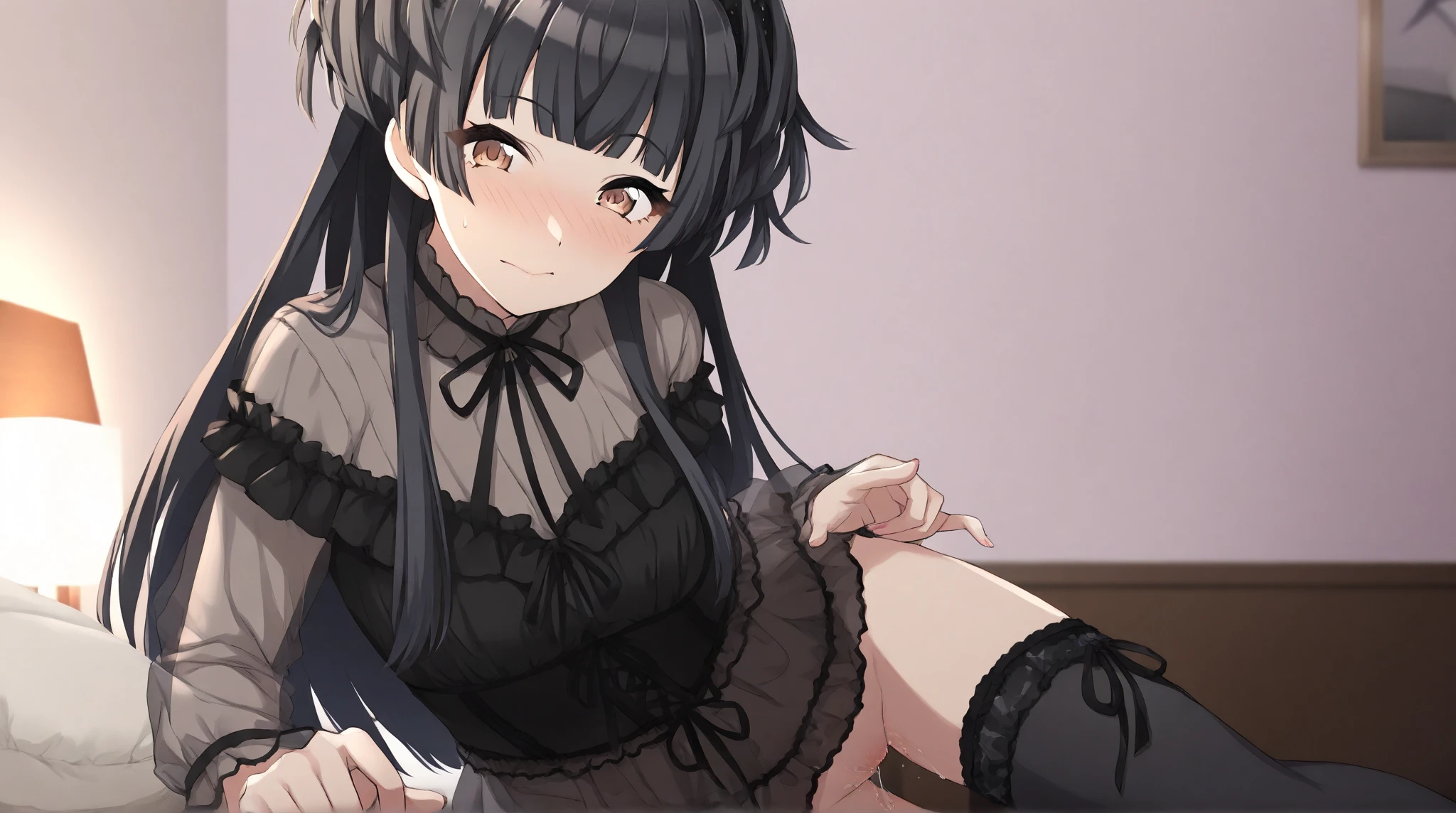 Himari Mei, masterpiece, voluptuous thighs, 8 years old, flat chest, {1 girl}, cute and shy smile, sparkling eyes, {{{completely nude}}}, nsfw, spread legs wide, showing off pussy, cum in pussy, squatting, pussy juice, detailed childish pink pussy, no clothes