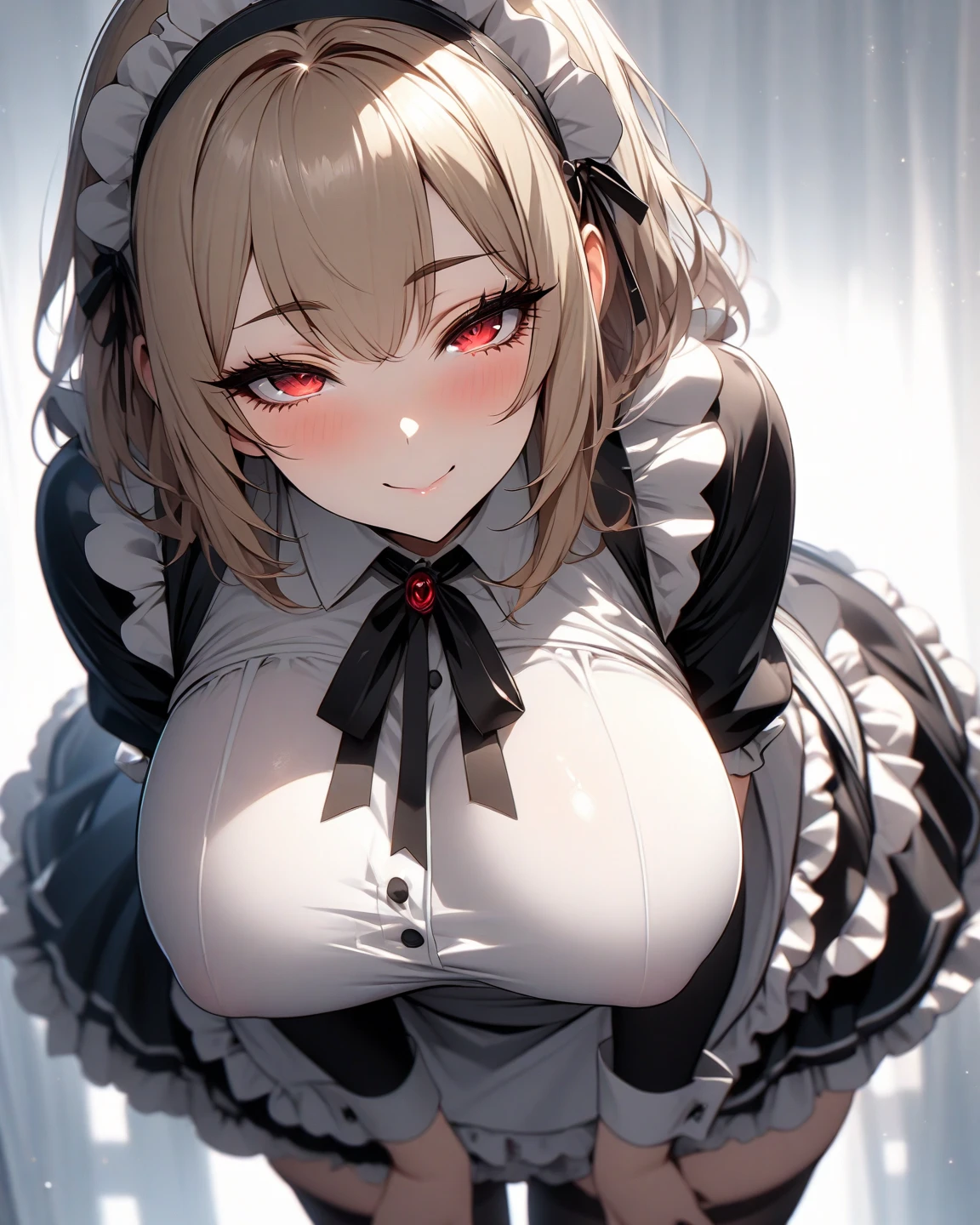 masterpiece, best quality, ultra high res, (front view:1.5),(looking at camera:1.6),(beautiful eyes focus:1.6),(ideal ratio body proportions:1.5),( Perfect body skinny beauty: 1.6),(ultra beautiful detailed big eye:1.5), (embarrassed,red blush:1.5),beautiful detailed hair , beautiful detailed face, perfect feminine face, twintails hair, silver hair, (naked apron:1.6),(coverd nipples:0.7),(sagging breasts,big breasts:1.3), (huge cleavage:1.5),(open mouth:1.3),art by sakimichan, george kamitani, akira yasuda,Raita,(temptation pose:1.5),(love me tender:1.6),