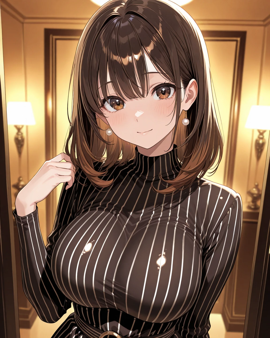  anime girl with brown hair black bodycon dress with long sleeves and a rectangular neckline with light tanned skin dark brown eyes and smiling