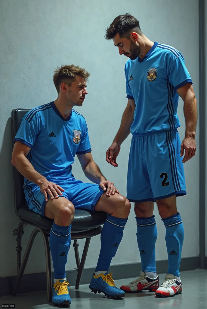 full view full body, 2 different handsome white european white young 12 yo cute college kids with undercut clean haircuts, well-muscular, in shiny silky soccer jerseys, soccer shorts, white high pulled-up soccer socks, soccer cleats, kissing, horny, in college locker room
