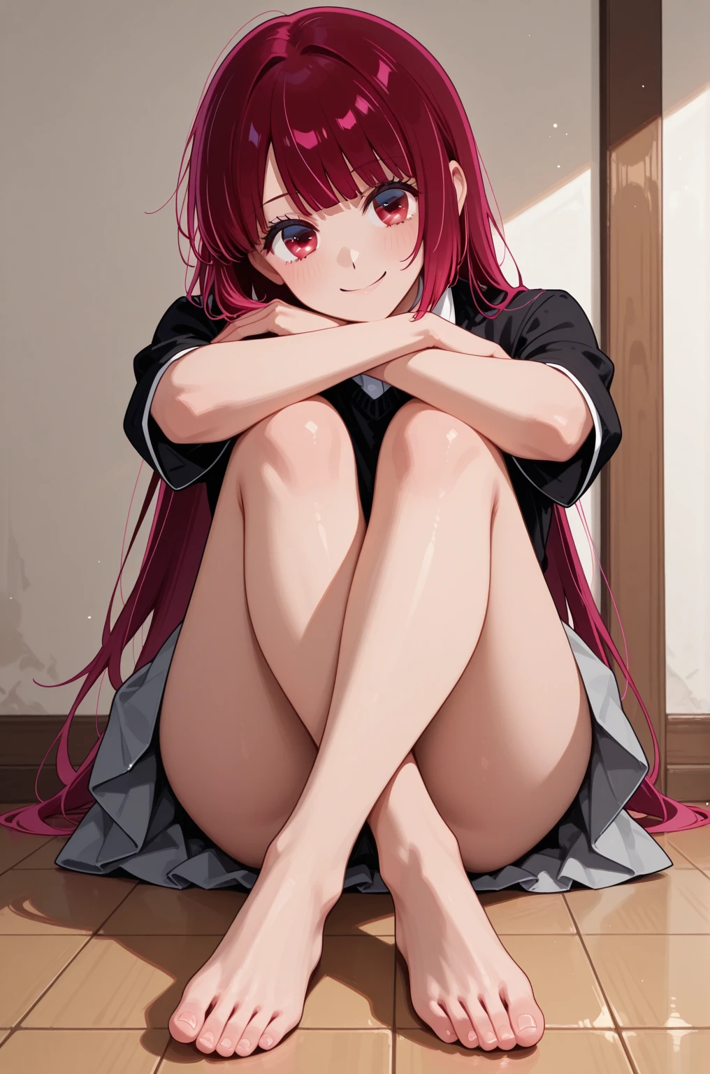 cute anime girl with soft red hair and burgundy eyes sits on the floor and puts her foot on the me
