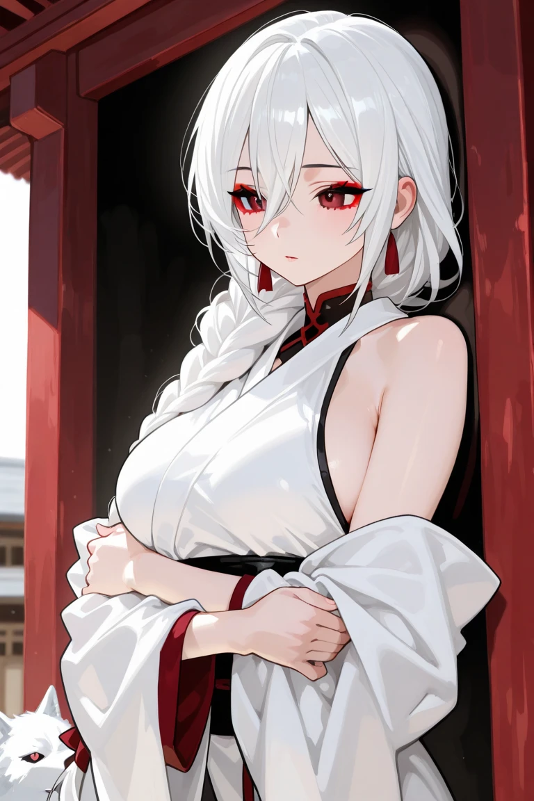 1girl, bangs, bare_shoulders, breasts, cleavage, collarbone, horns, japanese_clothes, leaning_forward, long_hair, looking_at_viewer, medium_breasts, off_shoulder, oni, oni_horns, parted_lips, red_kimono, silver_hair, solo, thigh_gap