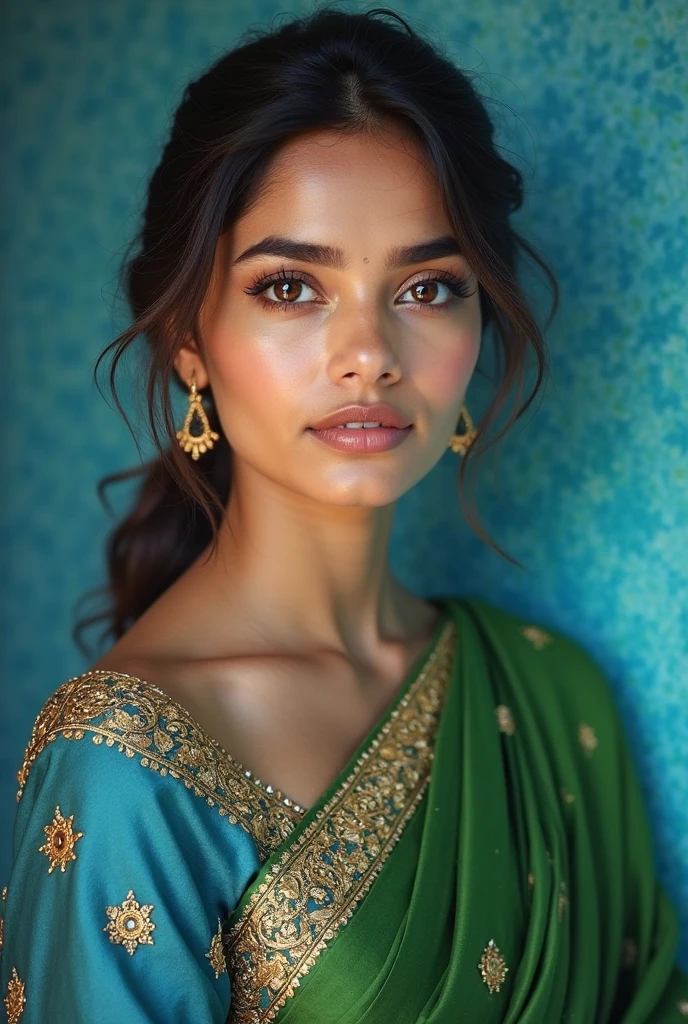 A girl wearing silver saree with gold border and emerald ornaments