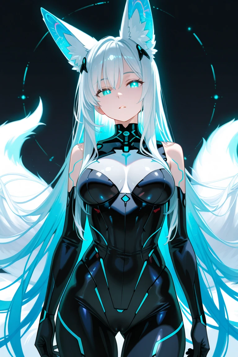 (In the cybernetic metropolis, NeoPulse, a mesmerizing catgirl named Nova roams the neon streets with a mixture of feline grace and technological prowess. the intricately detailed world of Nova:
Ears and tail: Nova possesses smooth, cybernetically enhanced cat ears and tail. Created with sleek black and silver accents, these cybernetic augmentations seamlessly integrate with her natural feline features. The tips of her ears and tail emit a soft neon glow that synchronizes with the bright lights illuminating the cybercity.
Eyes: Nova's eyes are an enchanting combination of piercing emerald green and iridescent lines that mimic schemes. Glowing with an inner glow, they have an uncanny depth and reflect the digital landscape of NeoPulse. They hold a tense gaze that hints at her unwavering determination and keen instincts.
Nova's hair flutters in voluminous waves, shimmering with myriads of neon colors. From bright blues and purples to electric pinks and greens, her hair channels the pulsating energy of the cyber city. Embedded in her curls are thin strands of fiber optic filaments that glow and cascade with a subtle glow, creating an enchanting sight wherever she wanders.
Nova's Cybernetic Enhancements: Her forearms and calves are adorned with sleek silver cybernetic implants carefully integrated into her limbs. These upgrades give her increased agility, speed, and strength, allowing her to easily navigate the NeoPulse vertical sprawl.
Cyberfashion: Nova's outfit is a fusion of futuristic fashion and feline elegance. She wears a bodysuit made of a special nanofabric that adapts to her movements. The costume shimmers with a holographic display of swirling patterns and neon lights, mimicking the vibrant energy that flows through the cyber city. Her ensemble is complemented by smooth, high-tech