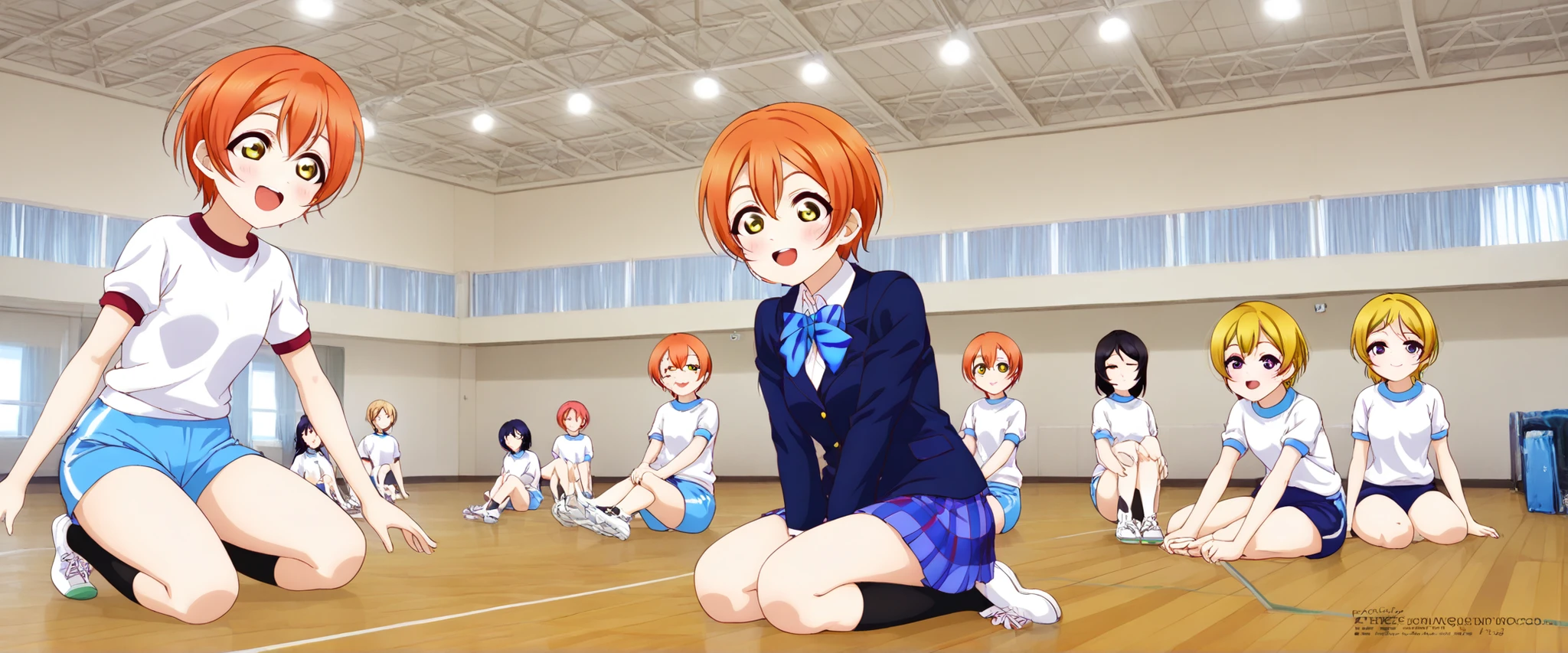 1girl,unwellness hoshizora rin, striped, short hair, blush, otonokizaka school uniform, open mouth, smile, lovelive_rin black blazer, blue plaid skirt, blue stripe bowtie, orange hair, very short hair, hair between eyes, yellow green eyes,sitting on the floor grasping one's knees (as in a gym class),score_9, score_8_up, score_7_up, rating_safe, masterpiece, best quality, absurdres, unity 8k wallpaper, official art, official style, source_anime, uncensored, game cg, megami magazine,taiikukan, indoors, sportswear, multiple girls, indoors, photo background, shorts, 6+girls, ceiling light, ceiling, stage, wooden floor, gym uniform, sportswear,Gymn4s3,