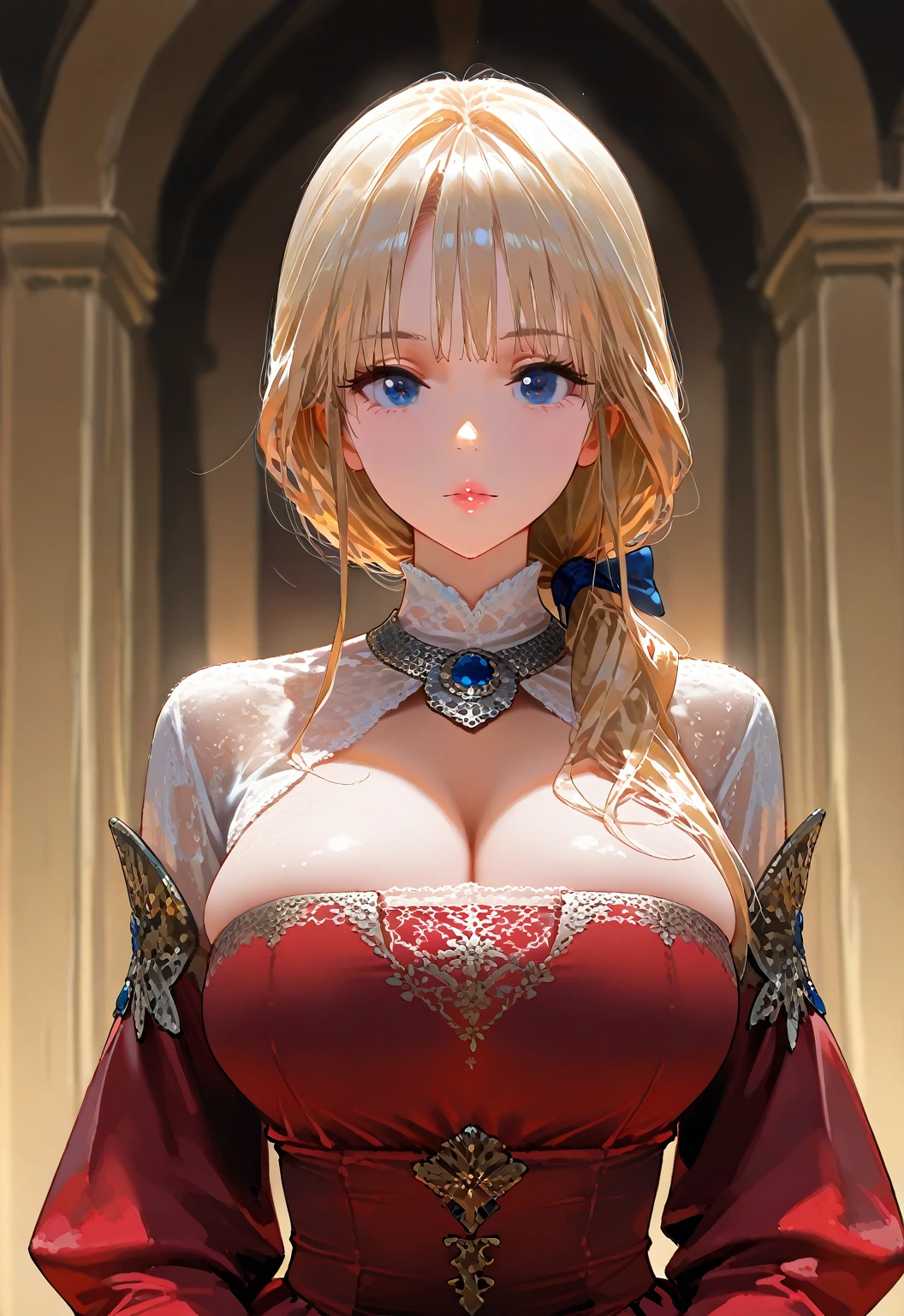 (Masterpiece, Best Quality, High Quality, Highres:1.4), Detailed, Extremely Detailed, Ambient Soft Lighting, 4K, Ornate,
Indoors, (Renaissance, Vintage:1.4), Plants, Window,
1Gril, (Solo:1.4), (Milf:1.2), Standing, Upper Body, (Face Focus:1.2),
(Extremely Detailed Hair:1.2), Blonde Hair, Long Hair, Long Sidelocks, Bangs, (Hair Intakes, High Ponytail:1.4),
Expressionless, Emotionless, (Red Eyes, Glaring, Contempt, Disgust, Looking at Viewer:1.2),
Curvy, Huge Breasts, Skindentation, (Bursting Breasts:1.2),
(Tiara:1.2), Crown, (Cleavage, Strapless, Red Dress, Frilled Dress, Long Skirt, Puffy Skirt, Puffy Sleeves, Juliet Sleeves, Long Sleeves:1.2), Jewelry,