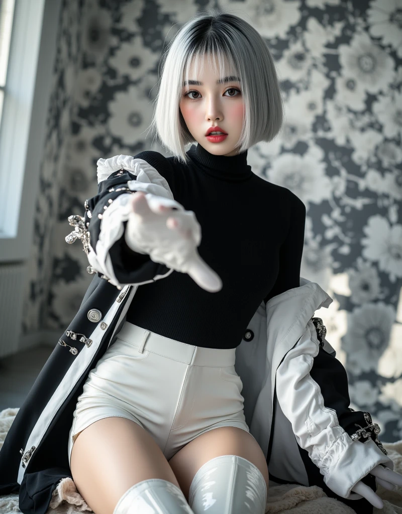 silk transparency,high score hair、individual,34 years old, A young man with silver hair biting his lip,Sitting position,towards the camera,Sitting position双抬腿)(camel toe),(no),(didn't bring it),Sitting position,crotch top,fascinating,high heel, long legs, Strong leg muscles,