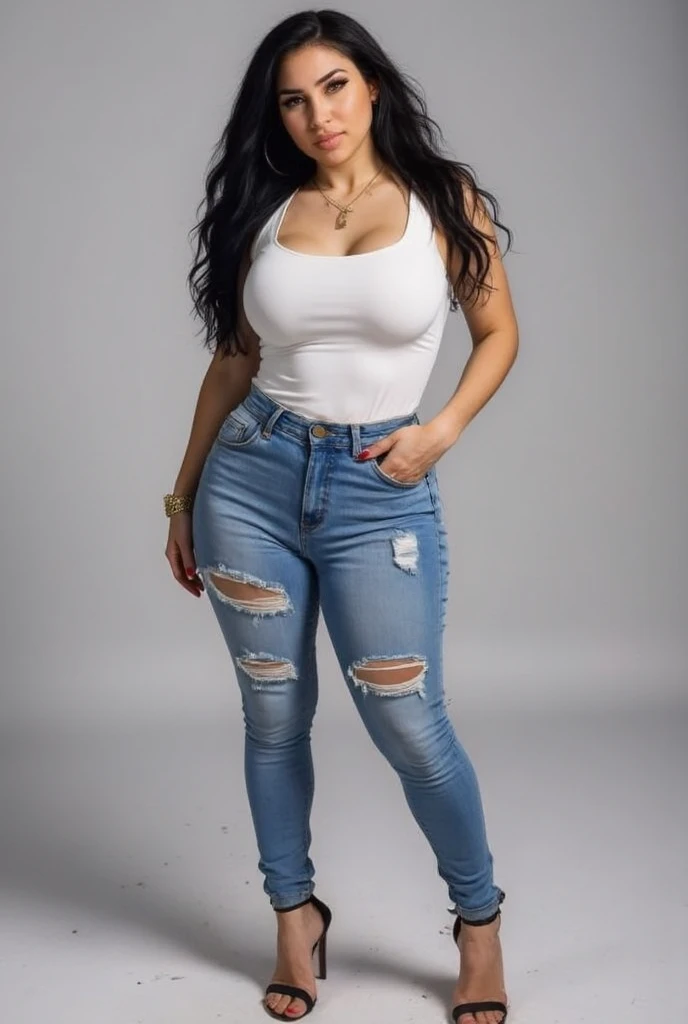 Photo of a slim European model, posing confidently outside with a very sexy, tight pair of jeans, the fabric clinging to every curve of her full body. Her black hair cascades down her shoulders, framing her sharp features. With a side profile, her high heels elongate her legs, adding to her allure. This highly detailed, Ultra-realistic image was captured with an outside lens (f1.8) to ensure every element is in sharp focus. The Polaroid-style photography brings an atmosphere of raw, authentic beauty to the shot.
Detailed description:
A slim European model, distinguished by her long, black hair and full body, stands posing confidently outside,