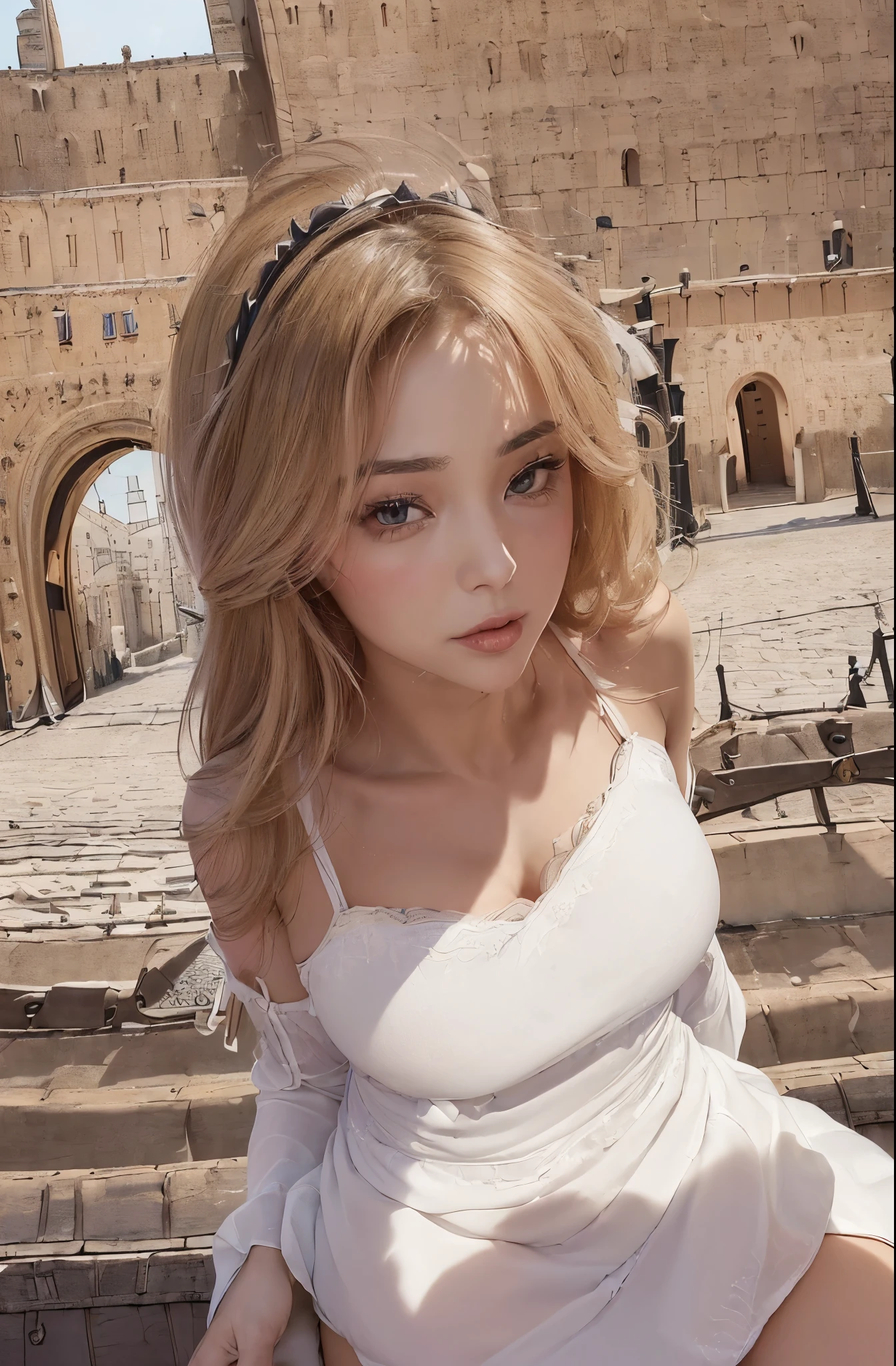 warm smile, un primer plano de una mujer, escote abierto, diosa del anime, diosa griega, Hermosa diosa, diosa rubia, HD detallado, portrait of a Hermosa diosa, hermosa y seductora mujer, hermosa mujer, diosa romana, Arte detallado de alta calidad 8k, hermosa doncella, joyas en cuello y orejas, detalles griegos y romanos en la vestidura, small breasts