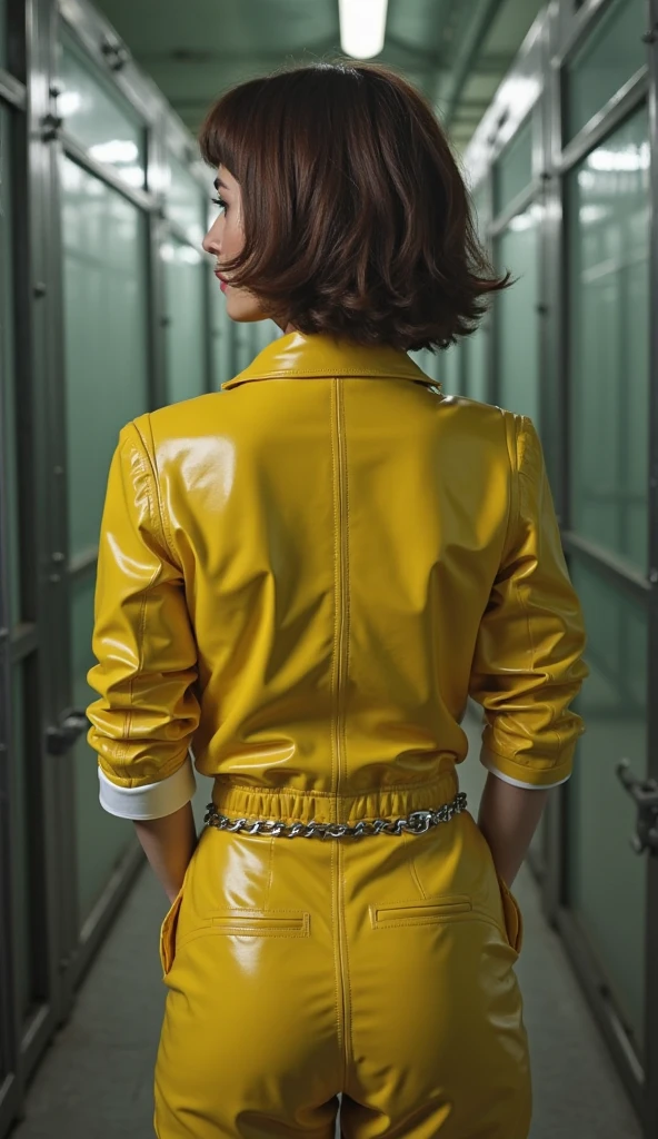 A 18 year old hot Indian girl has hourglas figure and she is in bathroom and she wear sexy yellow leather short shirt ,short pant and stockings all clothes are joined by leather belt she is opening her all clothes