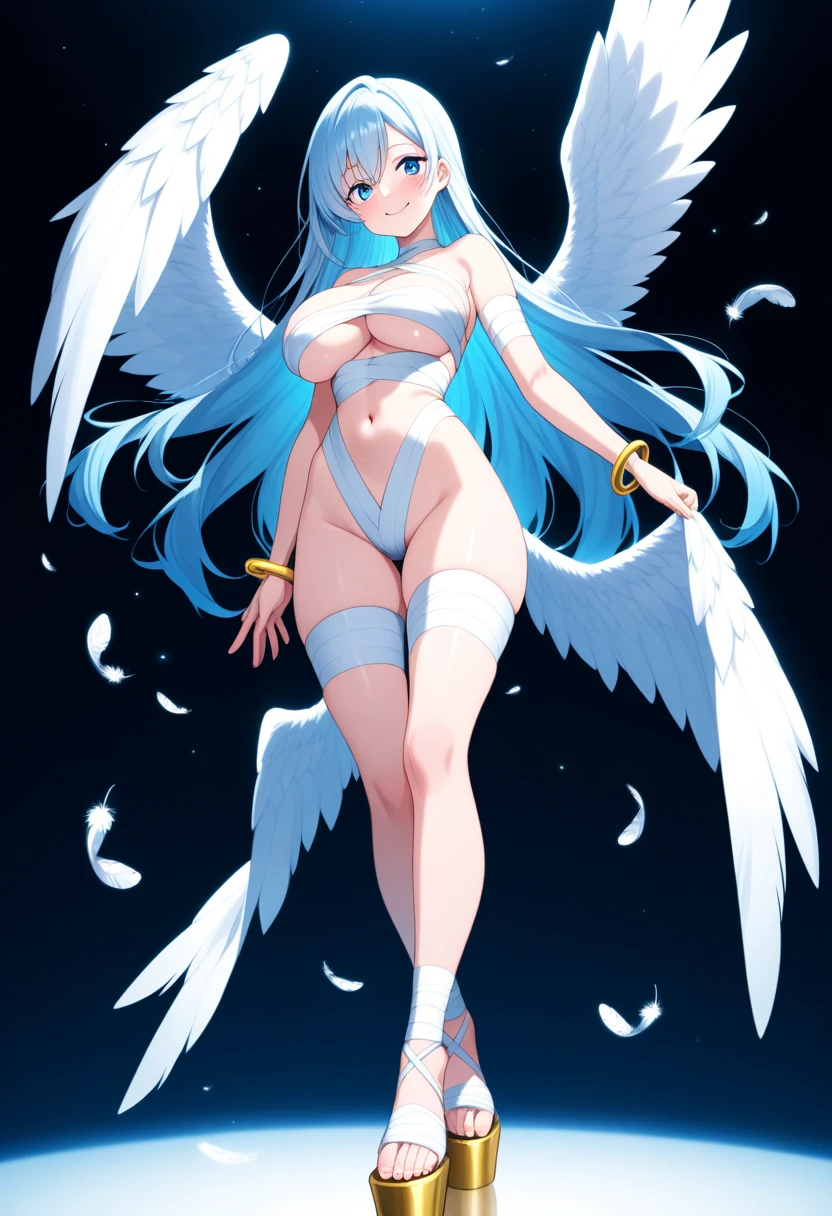 4K,High resolution,One Woman,harpy,Light blue hair,Long Ponytail,Huge boobs,White Wings,Golden toenails,Queen,Queenのティアラ,Black high leg bikini,Jewelry decoration