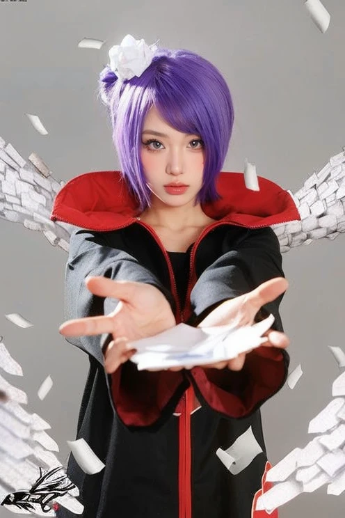 Best quality, 8k, 32k, Masterpiece, photo realistic, realistic, anime cosplay with purple wings and black wig and outfit, anime cosplay, professional cosplay, full cosplay, cosplay, anime girl cosplay, cosplay photo, cosplayer, publicity cosplay (seductive poses ), Sexy, sexy buttocks, beautiful white face shining, beautiful face, pink cheeks, beautiful lips, look at the camera, porcelain skin, intricate details, super detailed, super tall, supreme detail, high detail, delicate, excellent detail, fine detail, lighting cinematic, best quality, masterpiece, smooth and beautiful, CG , unity, 8k wallpaper, Stunning, fine detail, unity CG wallpaper 8k ultra detailed, large file size, highly detailed, high resolution, amazing detail, stunning detail, depth of field, oil painting effect in Rembrandt art style, concept portrait art in Stanley Artgerm Lau style, WLOP, trending on Artstation, epic, trending in society, detailed digital painting, very high quality models.