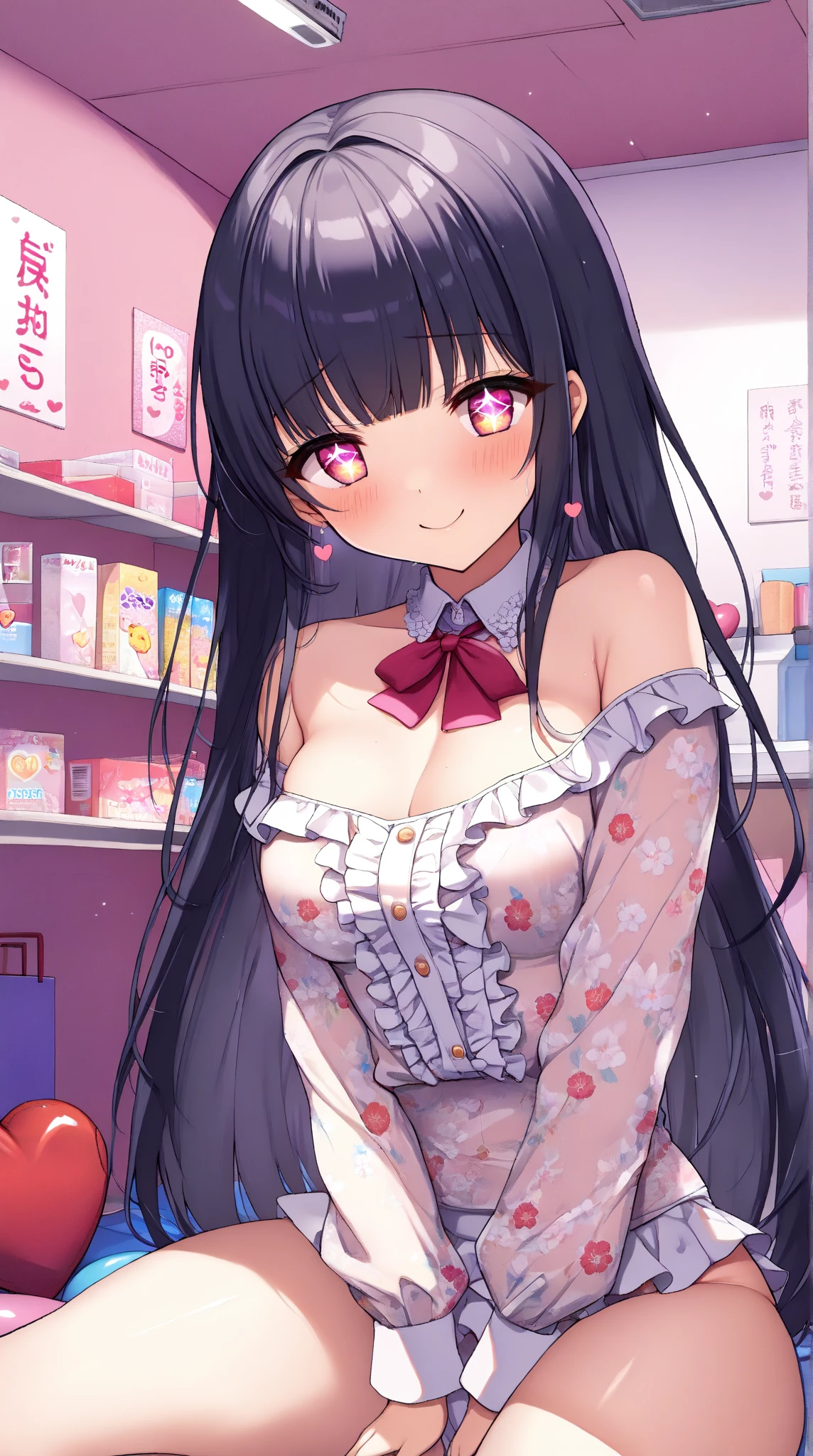 1girl, solo, breasts, long_hair, dark_skin, dark-skinned_female, straight_hair, black_hair, shiny, shiny_hair, cleavage, lips, parted_lips, brown_eyes, looking_at_viewer, large_breasts, smile, eyelashes, red_lips, hoop_earrings, lipstick, blush, very_long_hair, big, mole, mole on chest, big mole, curvy, big tits, song suit, pompadour skirt, slim and beautiful vest, lace shirt, Bubble sleeves, sequin, bow, plaid, full body, cute face, soft body