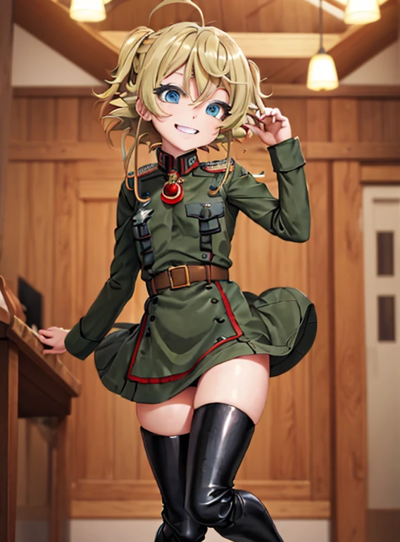 Degurechaff asked.。, uniform, Wicked Smile, Small stature, Killer Eye, so beautiful, Absurd, View your audience, From below, masterpiece, Army uniform, Blonde, Red eyes, Military Skirt, Neutral lighting. european battlefield