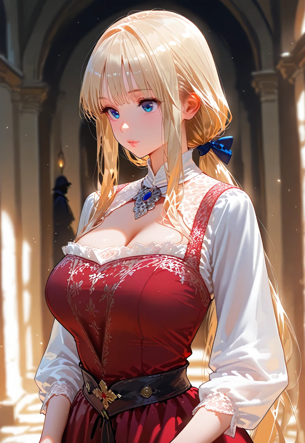(Masterpiece, Best Quality, High Quality, Highres:1.4), Detailed, Extremely Detailed, Ambient Soft Lighting, 4K, Ornate,Indoors, (Renaissance, Vintage:1.4), Plants, Window,1Gril, (Solo:1.4), (Milf:1.2), Standing, Upper Body, (Face Focus:1.2),(Extremely Detailed Hair:1.2), Blonde Hair, Long Hair, Long Sidelocks, Bangs, (Hair Intakes, High Ponytail:1.4),
Expressionless, Emotionless, (Red Eyes, Glaring, Contempt, Disgust, Looking at Viewer:1.2),
Curvy, Huge Breasts, Skindentation, (Bursting Breasts:1.2),
(Tiara:1.2), Crown, (Cleavage, Strapless, Red Dress, Frilled Dress, Long Skirt, Puffy Skirt, Puffy Sleeves, Juliet Sleeves, Long Sleeves:1.2), Jewelry,