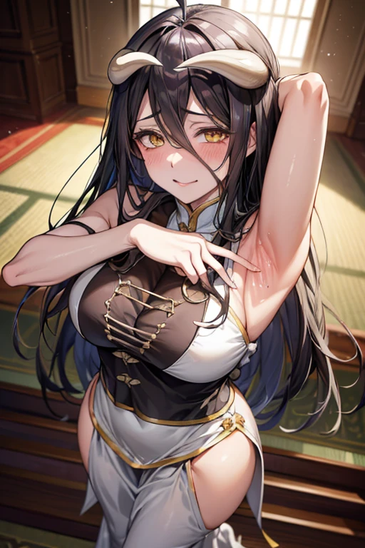 ((((Masterpiece,detailed, super high quality,In 4K,Highest qualityの高品質,extremely detailed, Finely detaileded, Attractive illustrations,Highest quality, In 4K, 8K, High resolution,Precise human body:1.5)))),(Upper Body,From below)(Beautiful woman,Beautiful face line,Feminine body lines,Beautiful black hair,Long Wavy Hair,Beautiful brown eyes)(Huge boobs,valley,Underboob:1.4)(Sweat,Steamed,blush,looking at the camera:1.1)(Perfect garment,Sailor suit,Micro Mini Skirt,undersized,taut cloths,skindentation:1.2),Hotel