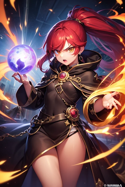 red hair in pig tails, mage, dark aura, glowing effects, cinematic, dark clothes, determined face, 1 girl, magic attack, striking hero pose from above, masterpiece, age 20, mystical being, holding a staff in right hand(long, golden, glowing effect), long black leather jacket.