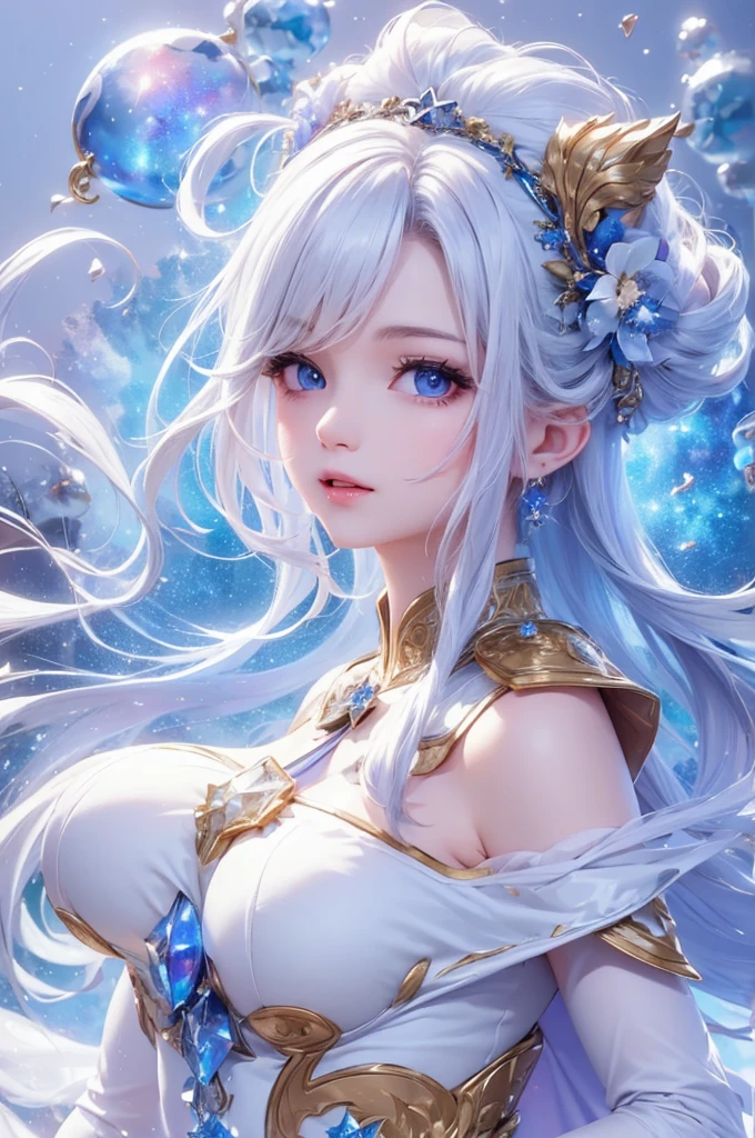 One girl, she stands by the water, wearing an elegant flowing dress, Smiling faintly, full body, surrounded by vibrant and colorful light particles, Heaven opens to a galactic vortex. Portrait Scene. she (Beautiful details) Eyes and (Beautiful details) lips, this dress is made of lightweight material, Multiverse universe, Giant planets, night, Starry Sky, High resolution, impressive milky way:1.9、Sandy Beach, blue sea, Surrealism, Futurism, cinematic lighting, anatomically correct, high quality, award winning, Blue ta Costume, Aura around the body, Magical Effects, Rainbow-colored space、