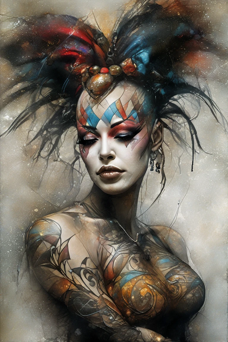 a highly detailed painting of a tattooed lady in a bizarre freak circus, tattoos covering her entire body, bearded lady, freak show performer, knife thrower stalking in the background, jordorowsky inspired, intricate abstract patterns, masterpiece, 4k, hyper detailed, photorealistic, dramatic lighting, cinematic composition, style of Paul Signac