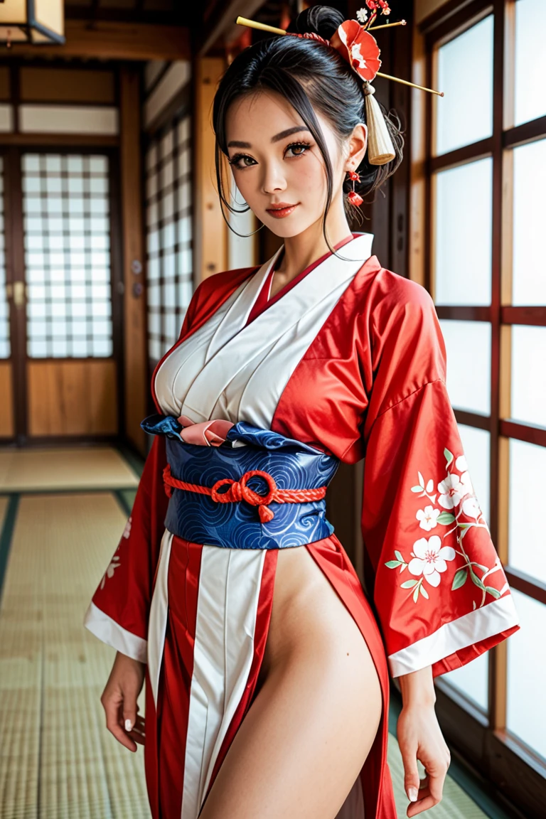 ((best quality, 8K, masterpiece)), ultra detailed, sharp focus, 1 beautiful woman, 30yo, ((red kimono)), (((kimono lifting:1.6))), ((white lace panties)), (cleavage), highly detailed face and skin texture, ((detailed eyes)), ((beautiful eyes:1.2)), (Japanese room)