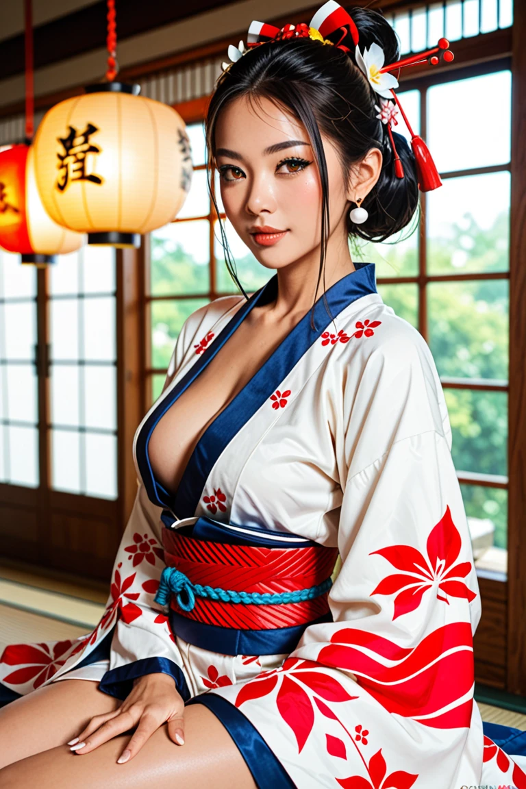 masterpiece, best quality, highres, 4k, 8k, ultra detailed, absurdres,vivid contrast, vibrant colors, full body,1girl, black hair, japanese clothes, solo, kimono, long hair, makeup, hair ornament, red eyes, floral print, looking at viewer, red lips, lipstick,black kimono, flower, fingernails, floating hair, eyeshadow、valley、big breasts、Photographed in a Japanese-style room、1 boy and 1girl are having sex on bed 、naked, nude, bare、cowgirl position, squatting, spread legs