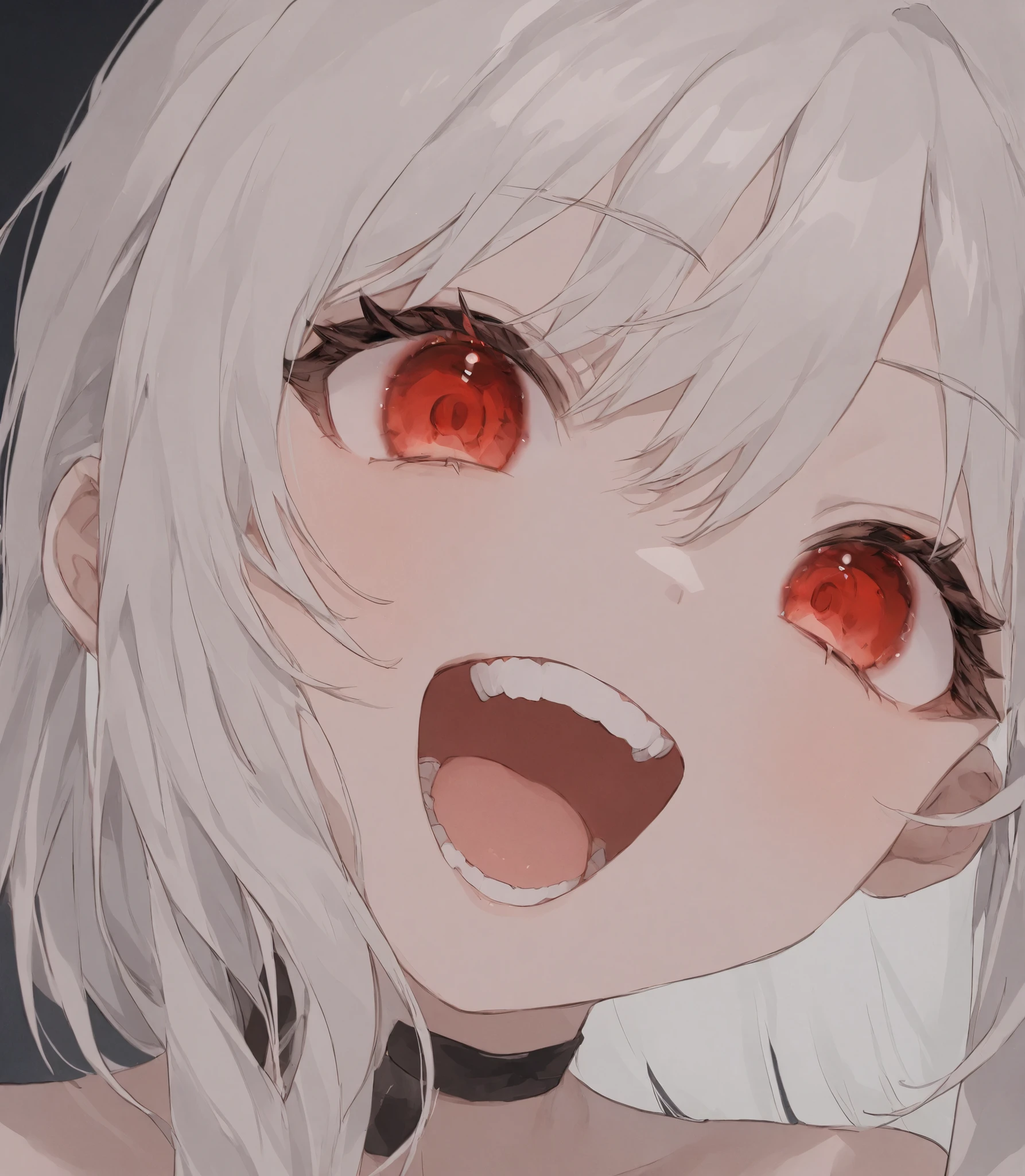 (masterpiece:1.2)、Highest quality、PIXIV、Rebellious girl、One girl、Open your mouth、鋭いteeth、teeth、Long Hair、Street background、Bright red eyes、Upper Body、smile、Focus on the viewer、Chest in the center、Shoulder Bare、Belly button、Black and white hair color,leaning forward,Night view,Black and white grey outfit,Overflowing drool、saliva、White Breath、Sigh,Pull your mouth with your fingers、An excited look,fallatio,A world in black and white