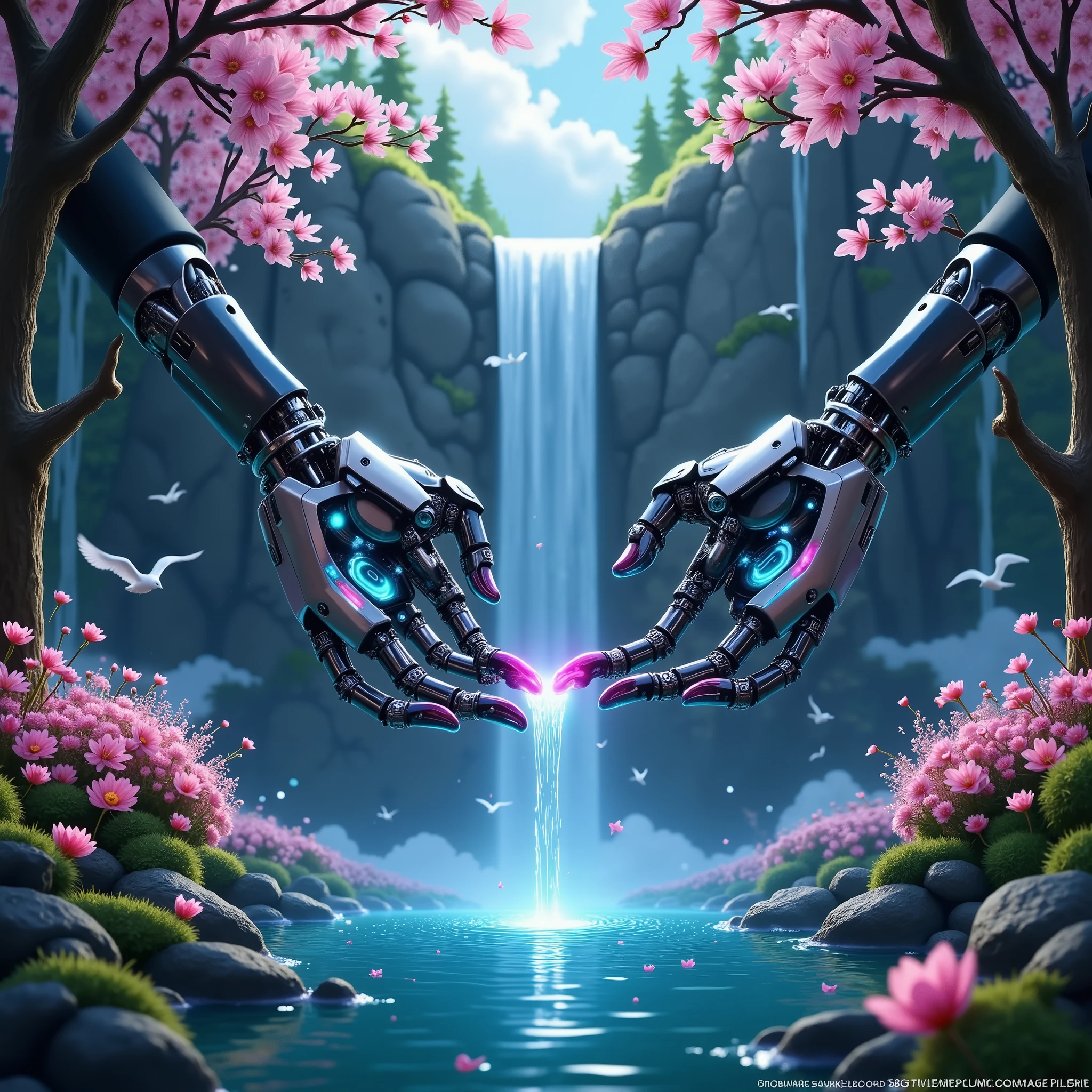 masterpiece, ultra-detailed, glowing fingertips, biomechanical hands, reflective metals, crystal-clear waterfall, surreal neoflowers, atmospheric mist, trees, wind movement, birds, like icon, social media icons, premium quality, detailed reflections, glowing edges