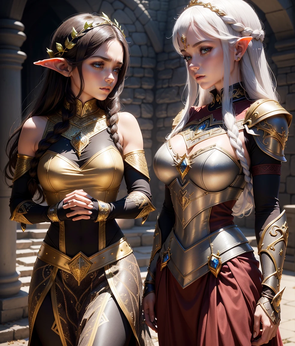 (2heads:1.2), 1girl, Original Character, elf ears, Fantasy Concept Art, Volumetric Lighting, Best Shadows, Shallow Depth of Field, Portrait Of Noble Knight Man, Dignified, Delicate Tactical Heavy Armor, Opaque Visor, Face Armor, Pauldrons, Tasset Belt, Gauntlet, Poleyn, High Quality Armor Texture, Broad Shoulders, Extremely Tall. Sword Scabbard, Standing Tall, Crossed Arms, Looking At Viewer, Glaring Sunlight, Rose Garden, Rose Thornbush, (Highest Quality, Amazing Details:1.25), Brilliant Colorful Paintings