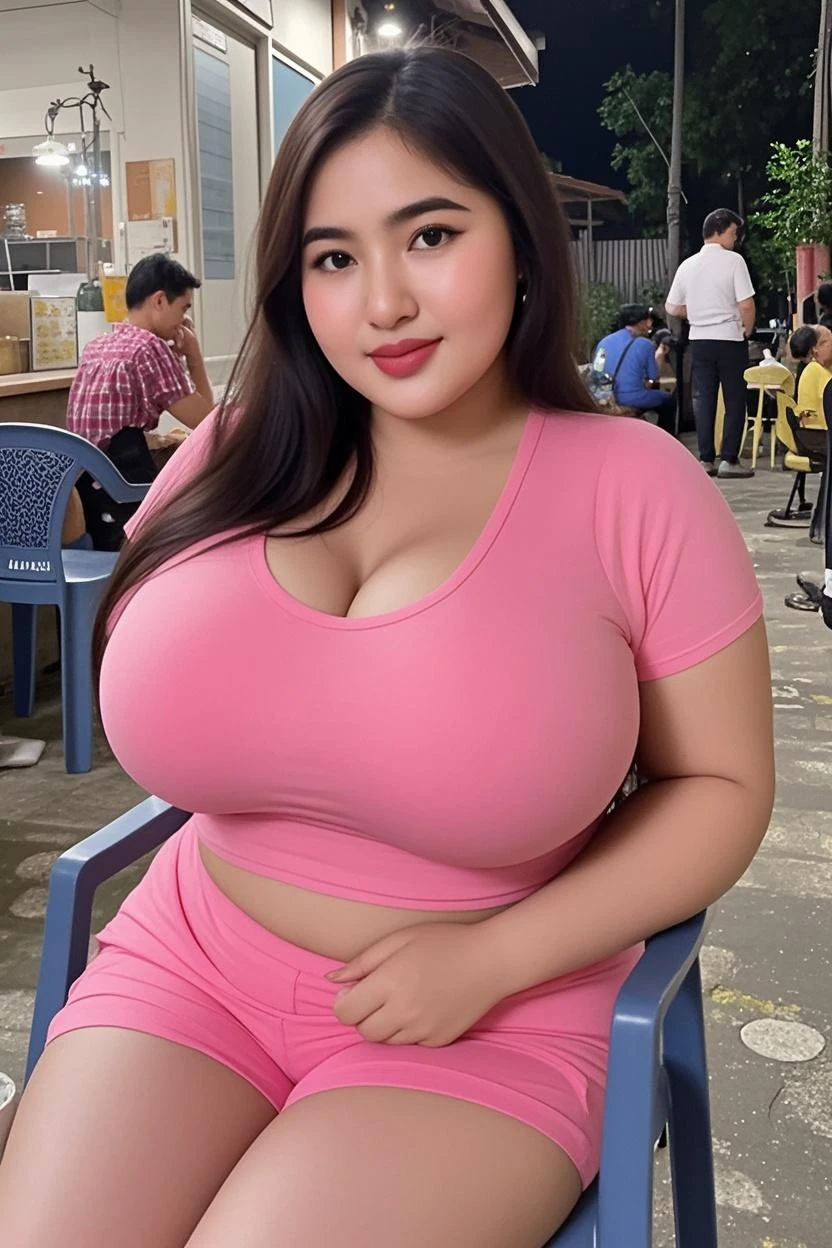 Indonesian aunty sexy and beautiful,
curvy chubby body, big breasts, wearing random colored tight clothes, wearing a mini skirt, sitting sexy in the cafe,