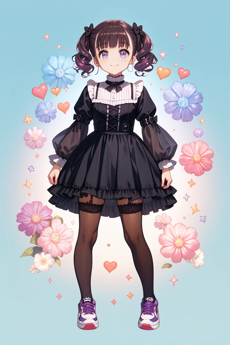 masterpiece, best quality, 1girl, solo, long_hair, from top, light smile, panorama, perspective, looking_at_viewer, bangs, skirt, shirt, pink hair, colored inner hair, long_sleeves, bow, ribbon, twintails, hair_bow, heart, pantyhose, frills, shoes, choker, blunt_bangs, black_skirt, pink_eyes, frilled_skirt, pink_bow, platform_footwear, pink_theme, jirai_kei, full body, night, street, skyscraper, neon trim, panorama, perspective, starry sky, pink background, dark, shadow, <lora:animetarotV51:1>