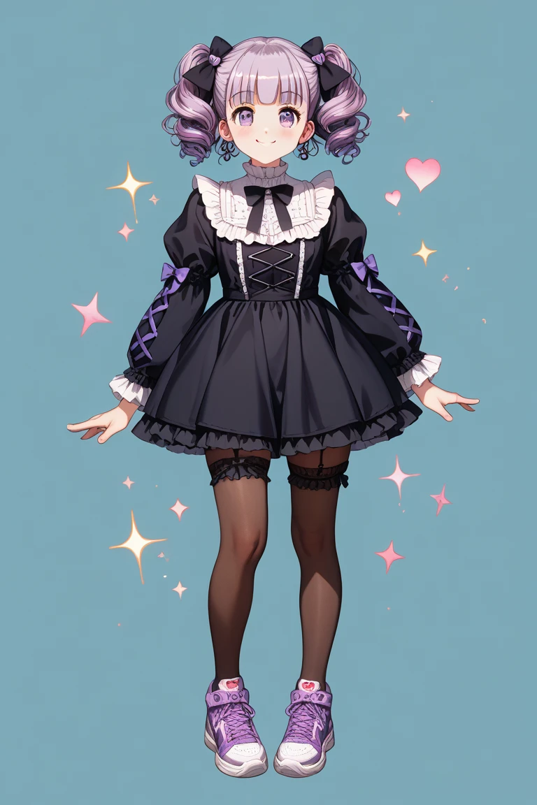 masterpiece, <lora:Merlusa-46:1>,
Merlusa, 1girl, solo, smile, short hair, simple background, long sleeves, white background, dress, bow, animal ears, bare shoulders, closed mouth, standing, collarbone, full body, purple hair, hair bow, pantyhose, shoes, choker, puffy sleeves, bowtie, off shoulder, rabbit ears, hair over one eye, sleeves past wrists, torn clothes, colored skin, pink bow, facing viewer, purple dress, androgynous, 1other, puffy long sleeves, sleeves past fingers, personification, asymmetrical legwear, purple bow, off-shoulder dress, purple ribbon, hair over eyes, slippers, purple footwear, covered eyes, purple bowtie, other focus